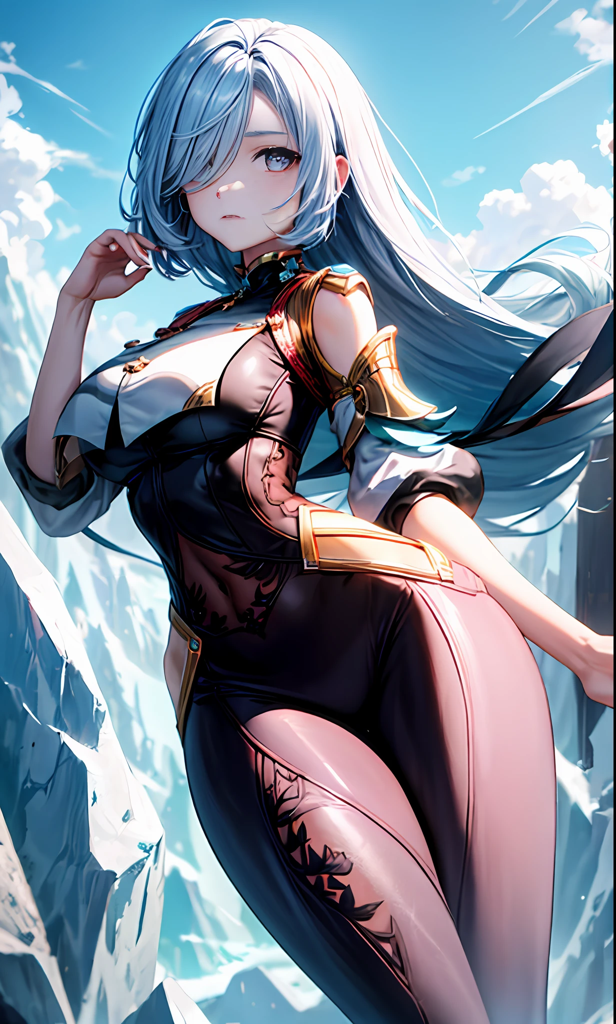 tmasterpiece,best qualtiy,ultra - detailed,8k wallpaper,1girll, light blue hair, light blue eyes, nabel,looking at viewert, black colored leggings, groin,seas of mountain, Very long hair, plumw,Pale skin,Wide buttock,One eye is covered with hair,face expressionless,Serious,Mature and sexy,Be red in the face,Blue-white tones,ice element,Mature posture
big\(BodyProportions\),