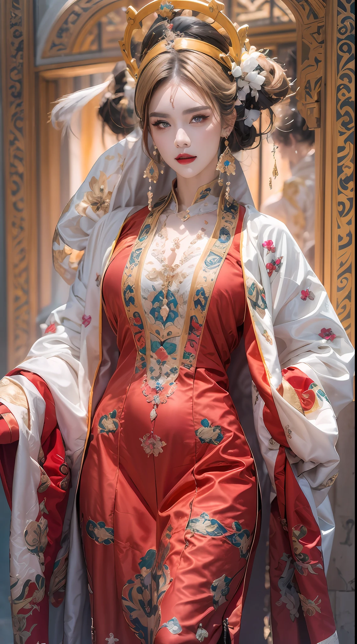 portrait of a beautiful 20 year old holy woman, wearing a thin multicolored silk dress, beautiful face without blemishes, ((natural smile:0.3)), Mouth closed, ((7-color hair length:1.2)), big crown, hair brooch, hanfu dress, chinese ancient style, full body jewelry, forehead tattoo, super even chest, face, red lips, delicate pink and white eyes (white and detailed) cinematic, light and dark, dramatic lighting, magical light, extremely detailed light, true color, super sharp, realistic, 8k quality, fantasy universe background, saints and magical space, the most detailed images, Exhibition photo, awarded, Eye-catching bright tone effect,