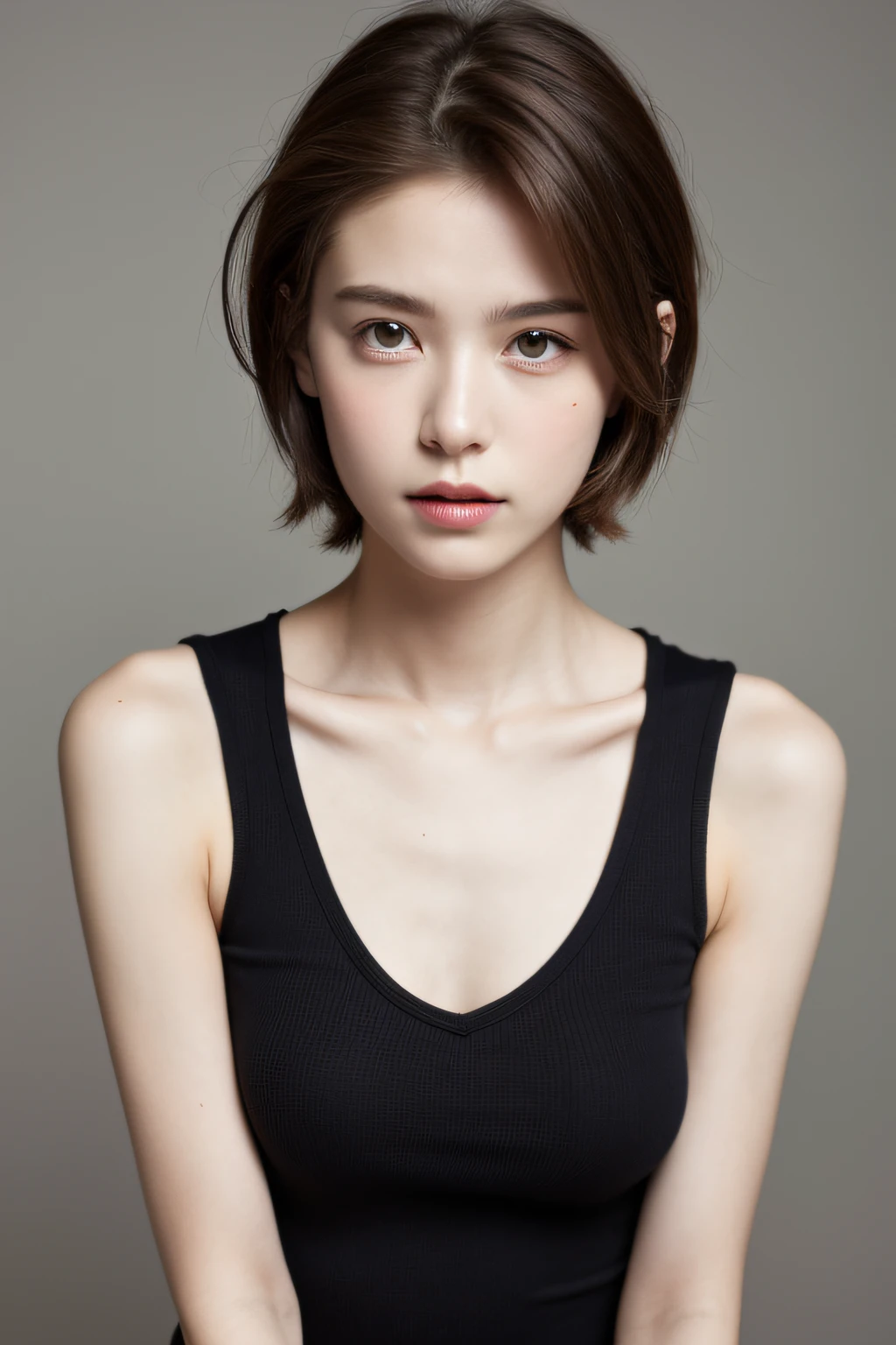 masterpiece, skinny,ribs,best quality, in summer, realistic, photo, bust, tsurime, short hair, light brown hair, tank_top, loose socks,