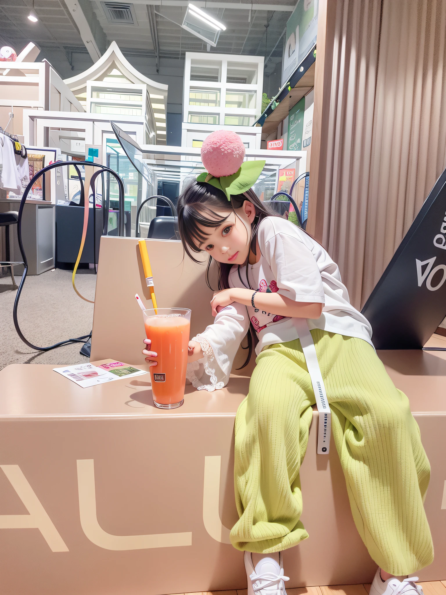 there is a little girl that is sitting on a bench,Holding a glass of juice, 🤬 🤮 💕 🎀, ulzzangs, 😭 🤮 💕 🎀, in a mall, appearing in a shopping mall, lulu chen, in mall, Young Asian girl, 🔞🤡, dressed with long fluent clothes, Cute:2, jia, h. Show on the. D