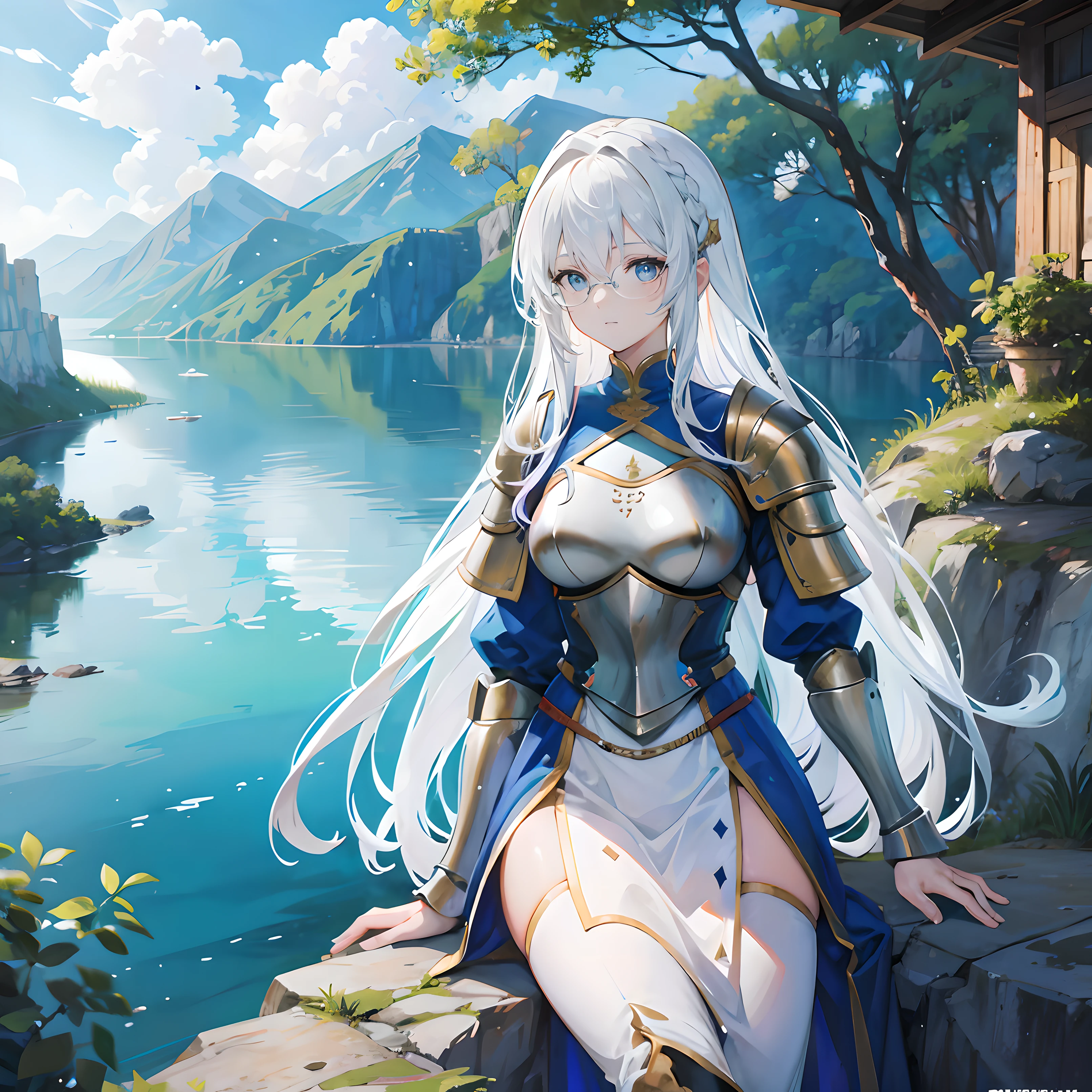 female knight looking out over a lake on top of a cliff, medieval armor, highly detailed,long white hair, glasses