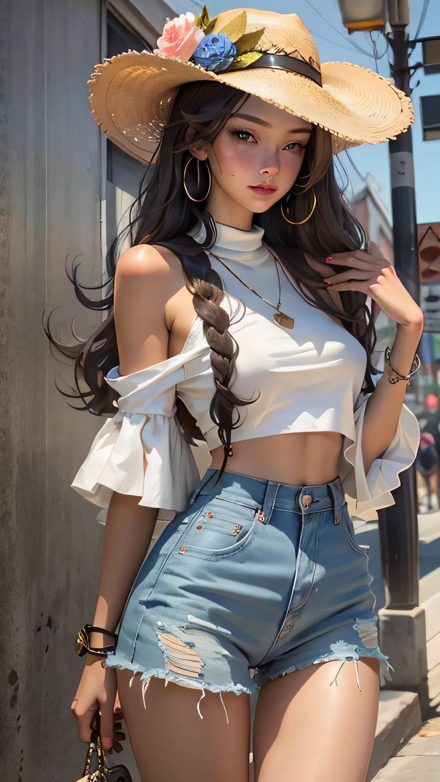 Beauty in the hair，wearing hat，Sexy and feminine style short clothes