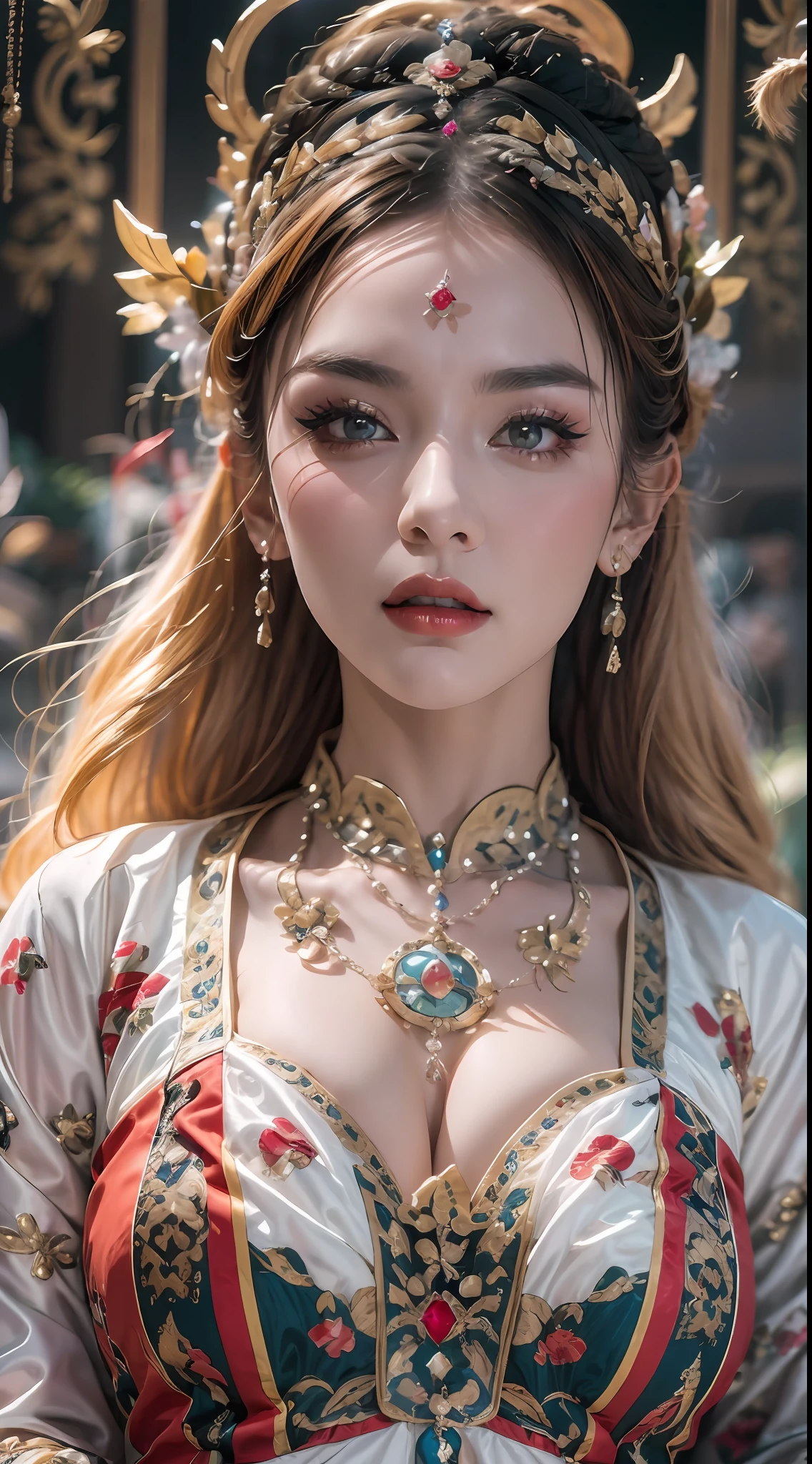 portrait of a beautiful 20 year old holy woman, wearing a thin multicolored silk dress, beautiful face without blemishes, ((natural smile:0.3)), Mouth closed, ((7-color hair length:1.2)), big crown, hair brooch, hanfu dress, chinese ancient style, full body jewelry, forehead tattoo, super even chest, face, red lips, delicate pink and white eyes (white and detailed) cinematic, light and dark, dramatic lighting, magical light, extremely detailed light, true color, super sharp, realistic, 8k quality, fantasy universe background, saints and magical space, the most detailed images, Exhibition photo, awarded, Eye-catching bright tone effect,