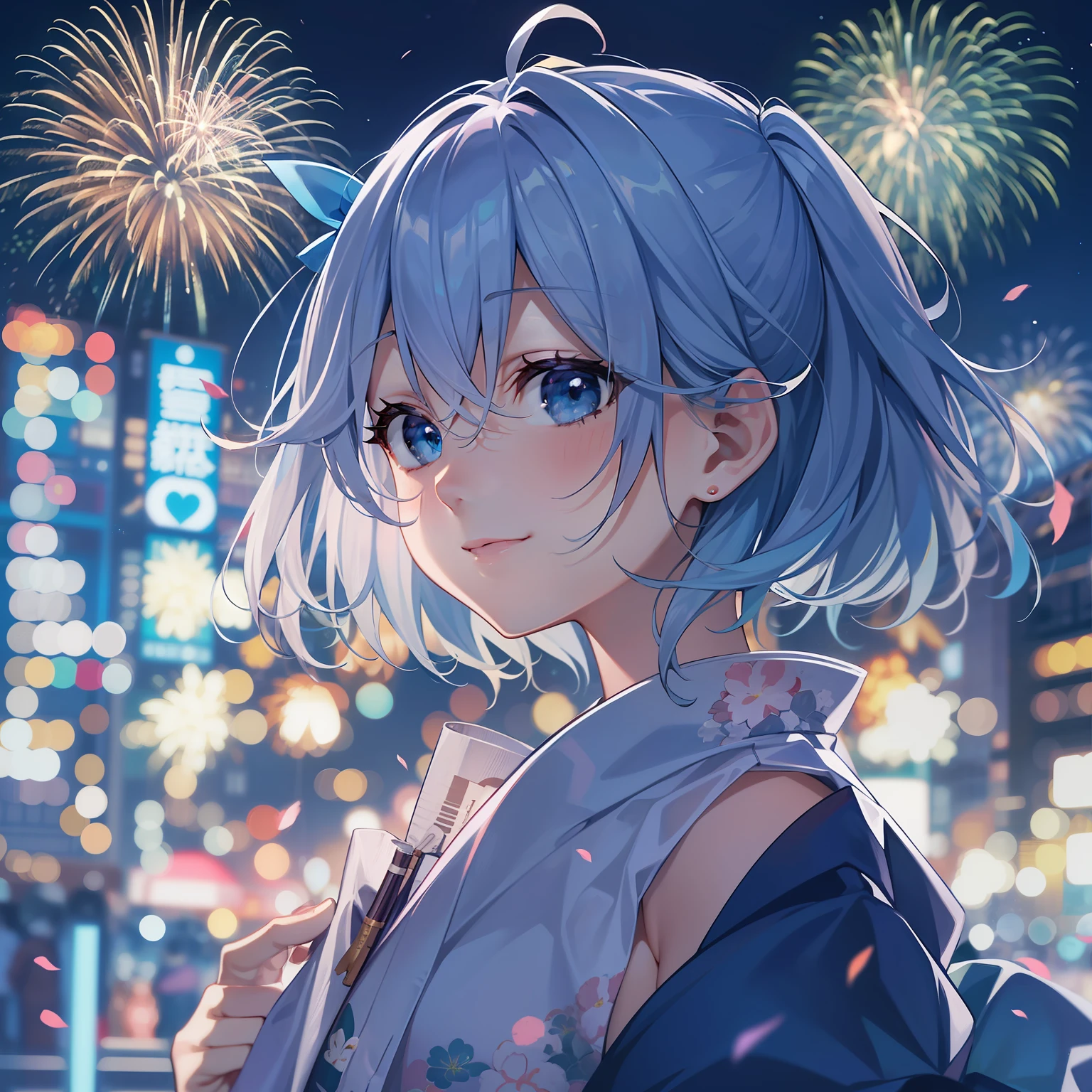 Aoi_Fukayuki、1 girl in、anime styled、full body Esbian、perspiring、(blue hairs)、short hair to the shoulders、A smile、blue eyess、blue japanese clothes、Absolute area、hightquality、best qualtiy、emphasizing thighs、to stand、Fireworks display at night