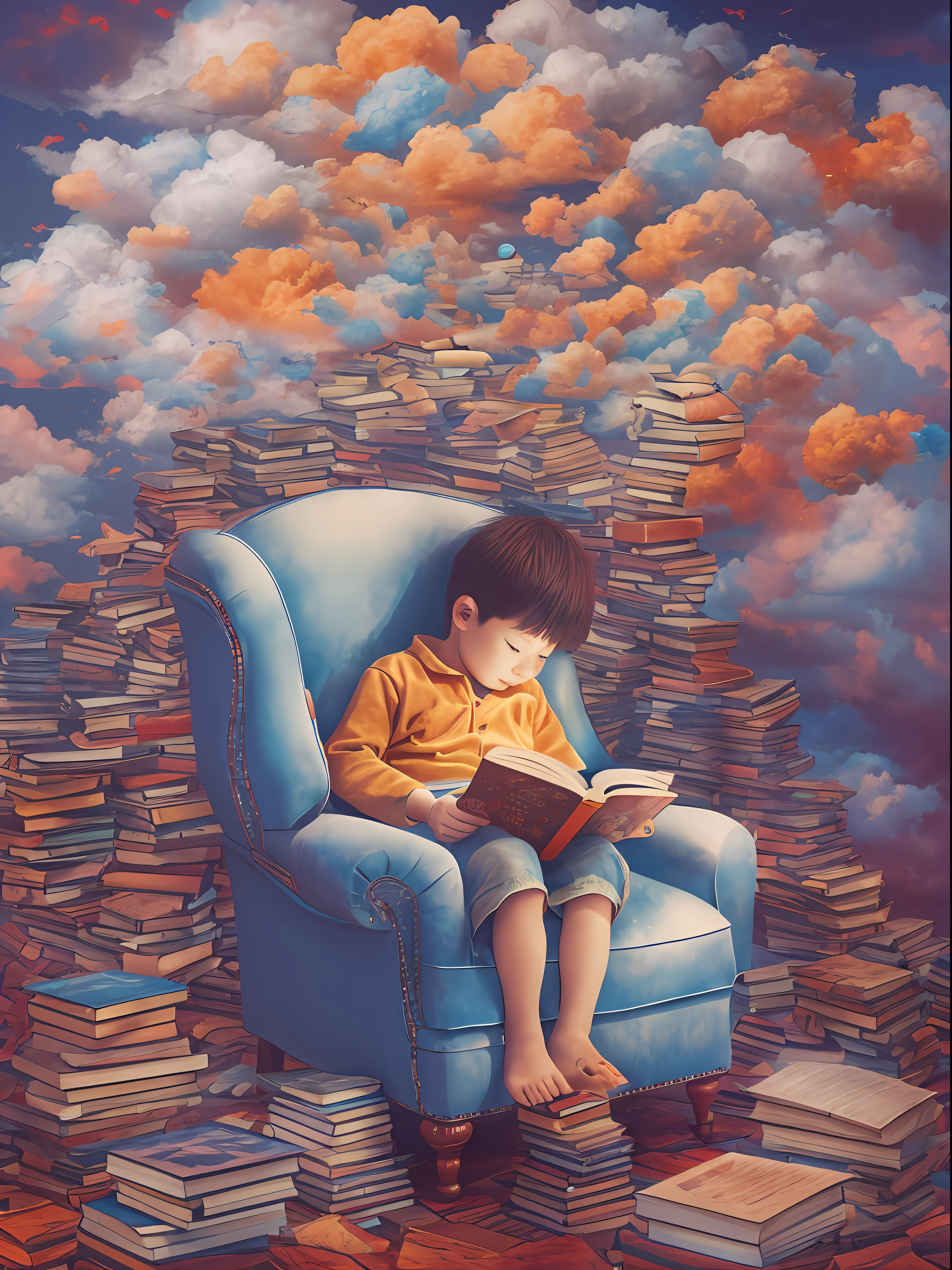 A KIDS, The boy sleeps in an armchair with a book in his hands, a cloud of colored dreams comes out of his head Surrealism, by Hiromu Arakawa  --ar 4:5 50 --style raw, Luminism, retina, textured skin, anatomically correct, best quality, award winning --s 2