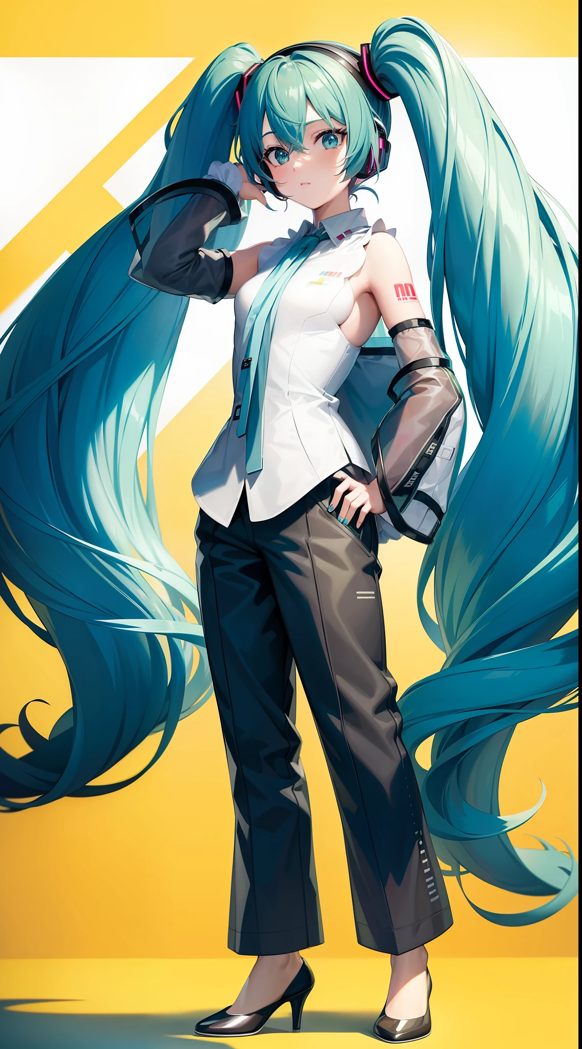(masterpiece), (best quality),(miku),1girl, backlight, lam_style, wearing jacket and long pants, colorful_hair, facial_mark, neon_palette, miku, Hatsune Miku, halftone
