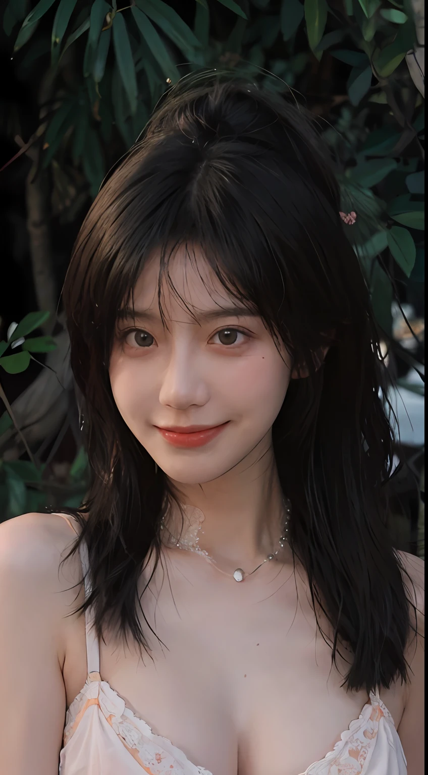 best qualtiy, 超高分辨率, (realisticlying:1.4), Baoyu Girl, A pair of clear and moving peach blossom eyes,Royal Sister,sunshine on face,with long coiled hair,(ln the forest:1.4),(choker necklace:1.2),(Fair skin:1.9),(full bodyesbian:1.2)a sense of atmosphere,a beauty girl, ssmile,head straight-looking at viewer, closeup cleavage ,(Photorealistic:1.4),1girll,Sexy,(Orange lace bra:1.3),(Big breasts:1.9),(Upper body:1.4),(Wet body),(:1.2)