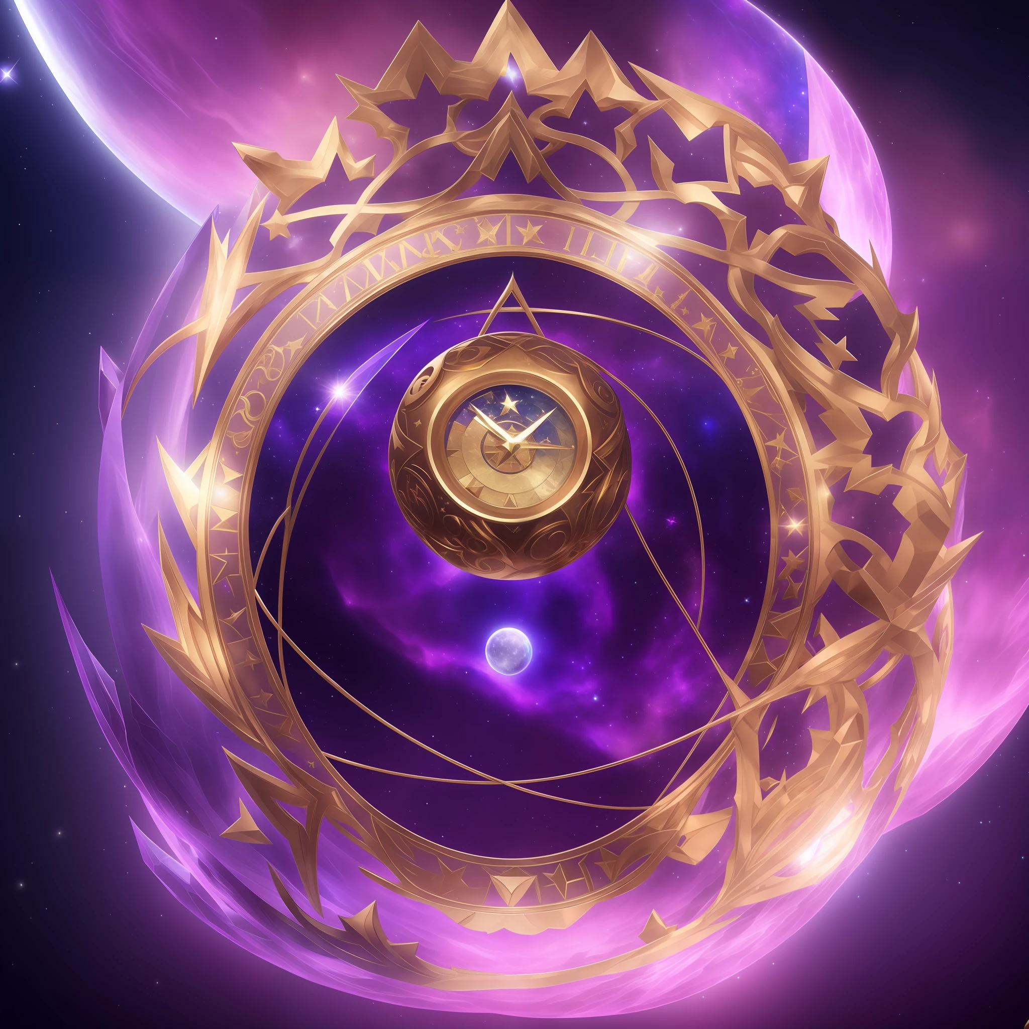 Purple and gold star sculpture，Purple center surrounded by stars，Time jewelry，pic，The Cosmic Colorful Last Moon Gate，Infinity crystals that rise，The crystallization of space-time distortions，magical artifact，official art works，lux from league of legends，lux，changelingcore，kda，the orb of eternity。
