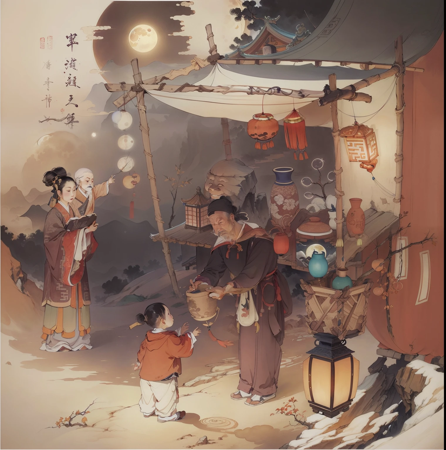 Ancient Chinese landscapes,Ancient buildings,Pavilions,Carved beams and paintings,enchanting scenery,Night,Moon light,Layered, Rich light and shadow,Mid-Autumn Festival, Ink painting style,clean color,Low-saturation colors,Colors of low brightness,Decisive cut,Leave white space,impressionistic,tmasterpiece,ultra - detailed,Epic composition, HighestQuali,hyper realisitc,Art germ --v 6