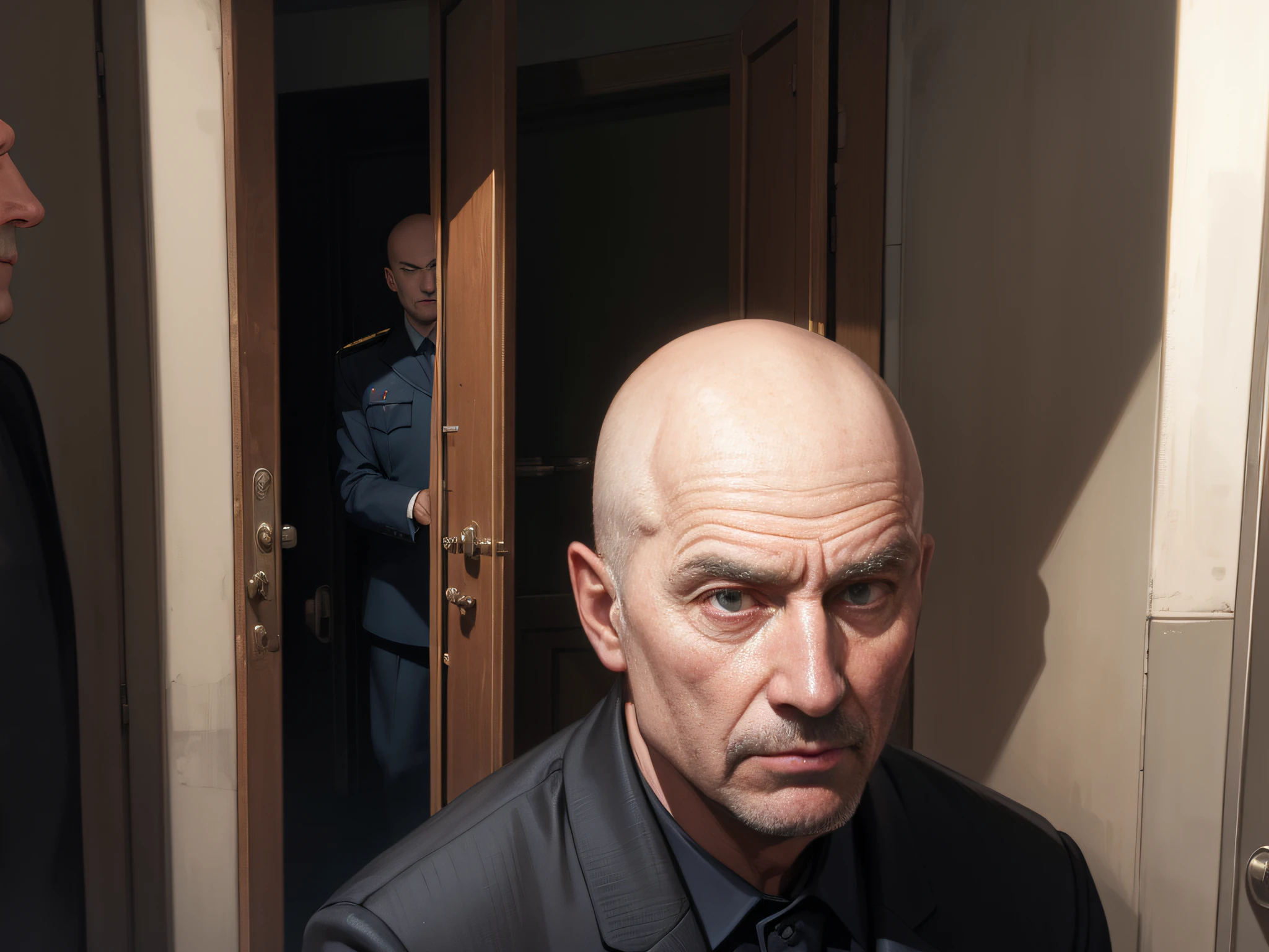 A bald Soviet man walks through the door, Behind the dark world. detailized face. photo realism. Soviet Union 1950