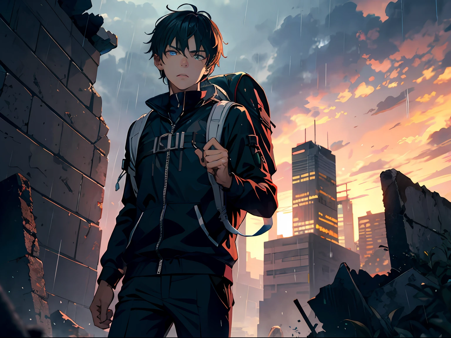Ultra HD details、The city of ruins of the apocalypse、Rain sky、Handsome boy in black、A hesitant expression appeared，carrying backpack