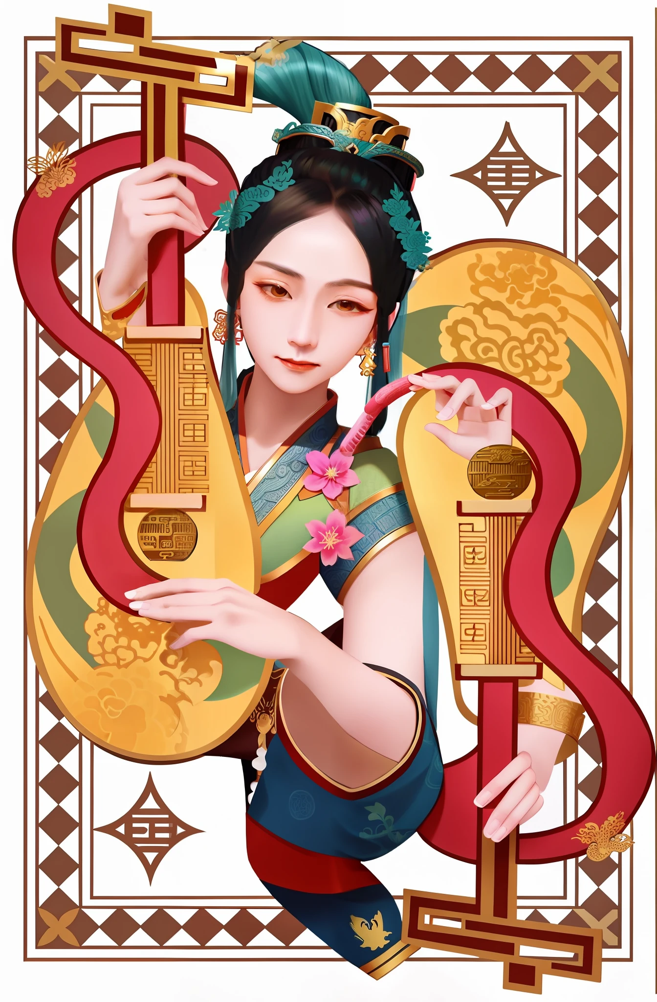 Super fine illustration of ancient Chinese queen playing instrument with snake,Inspired by Utagawa International II、Utagawa Kuniyoshi III Wakakawa Kunisaku,and the designs of Gao Kegong and Wang Yi。