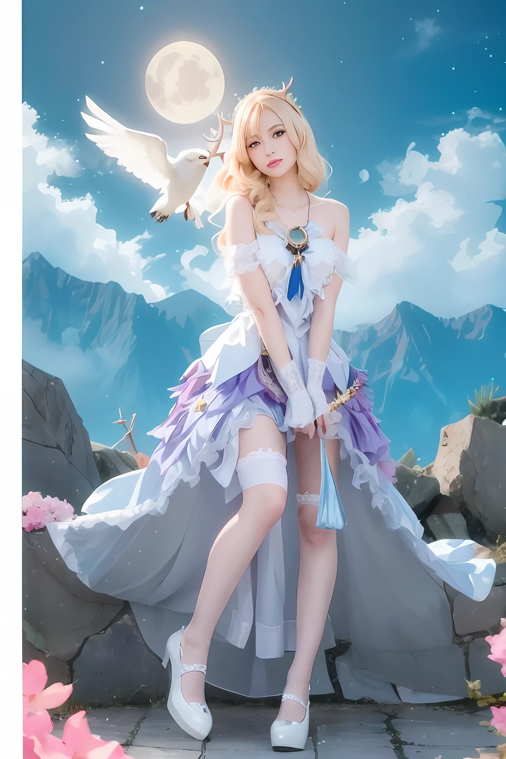 Arafard image of a woman in a dress and a bird, Anime girl cosplay, Anime goddess, Anime cosplay, cosplay, Gorgeous Role Play, sakimichan frank franzzeta, seraphine ahri kda, Beautiful celestial mage, astral witch clothes, Artoria Pendragon, elegant glamourous cosplay, fantasyoutfit, Anime princess, dreamy dress,A beautiful girl with antlers