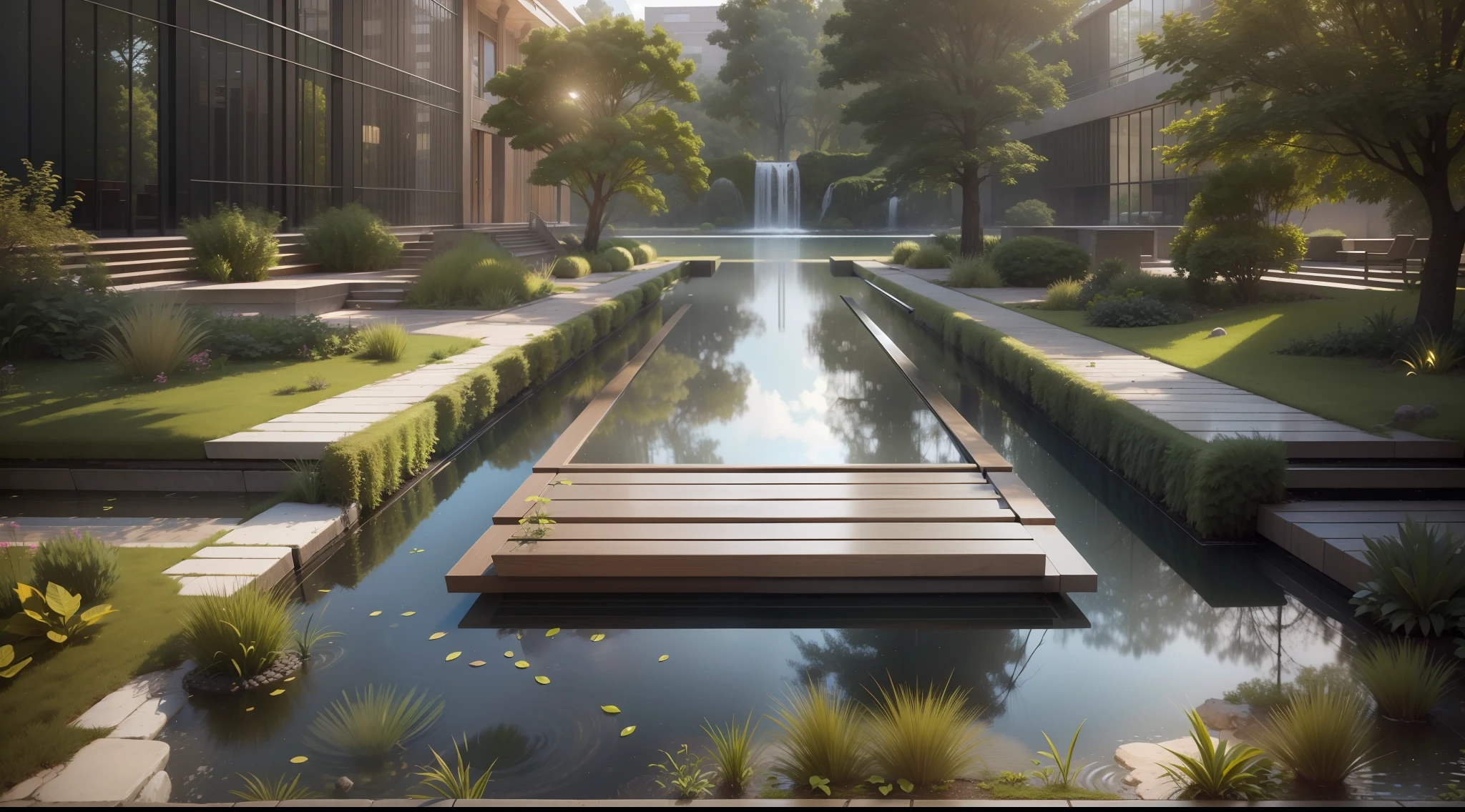 There is a small waterfall in the middle of a park with a building in the background, Arquitetura moderna, arquitectura Norman Foster, mirrored building, museum building, Arquitetura moderna, arquitetura premiada, Luz vibrante, high-quality render, architectural render, professional render, a photorealistic rendering, architectural visualisation, oi ultra, natural realistic render, hyper - realistic render, hyperrealistic rendering, beautifully detailed render, hiper realismo, 16k, Ultra HD | | | | | | |, muita luz, muito brilho,