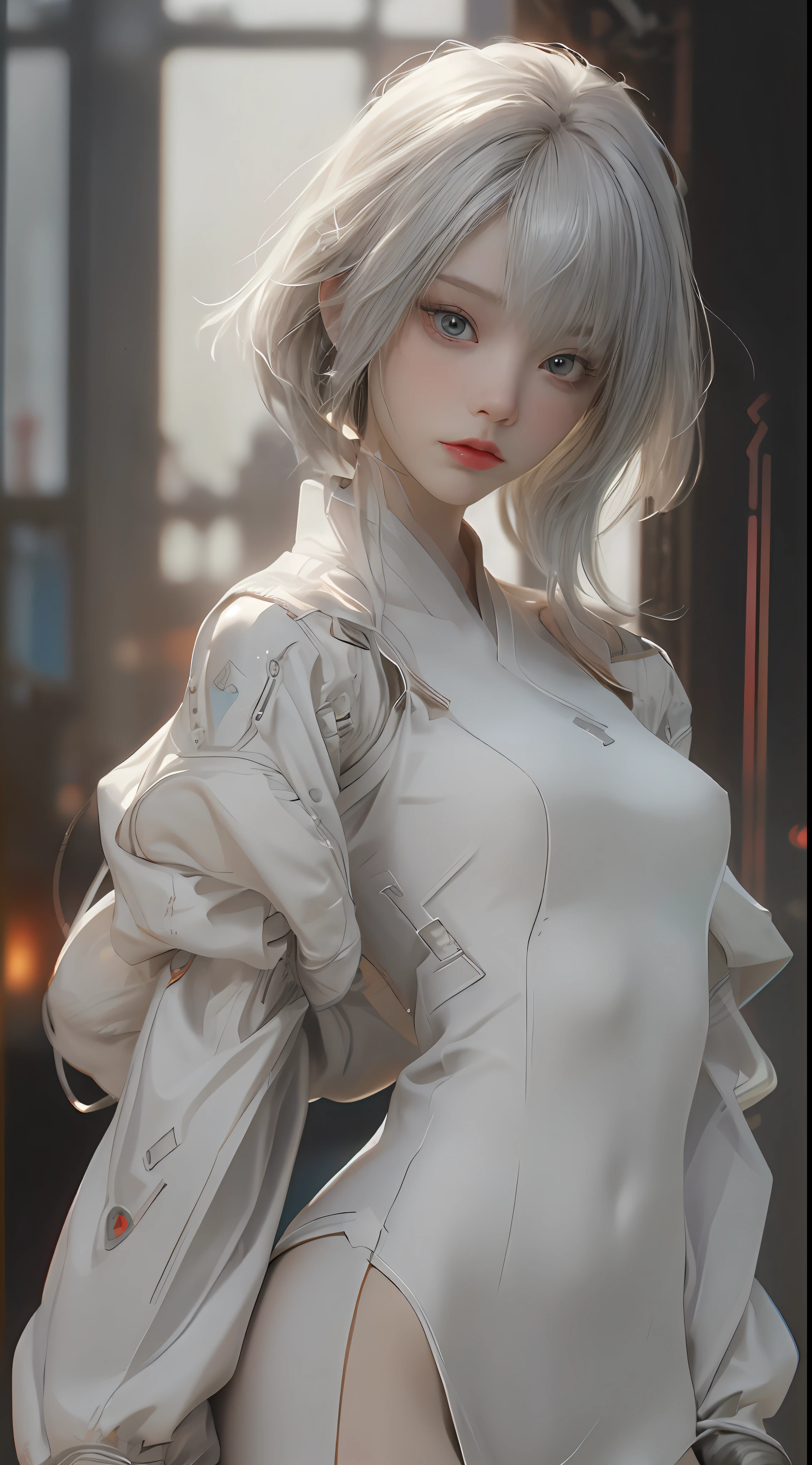 （（best qualtiy））， （（tmasterpiece））， （（Realistis））， （A detailed）， （realisticlying：1.5）， A futuristic girl， （Slim figure）， （white straitjacket），Hanfu， Lights on armor， Cybernetic headdress， looking at viewert， dynamicposes， postapocalyptic， Destroyed city background， Buildings on fire， scientific fiction， HDR， Ray traching， NVIDIA RTX， Hyper-Resolution， Unreal 5， sub surface scattering， PBR textures， Post-processing， Anisotropic filtering， depth of fields， Maximum clarity and sharpness， trichotomy，8K original，（Luminous Particle：1.4），（VerydetailedCG，Unity 8k壁纸，3D，cinmatic lighting，lens flare glow），Reflectors，Sharp focus，Cyberpunk art of a，cyberpunk building，