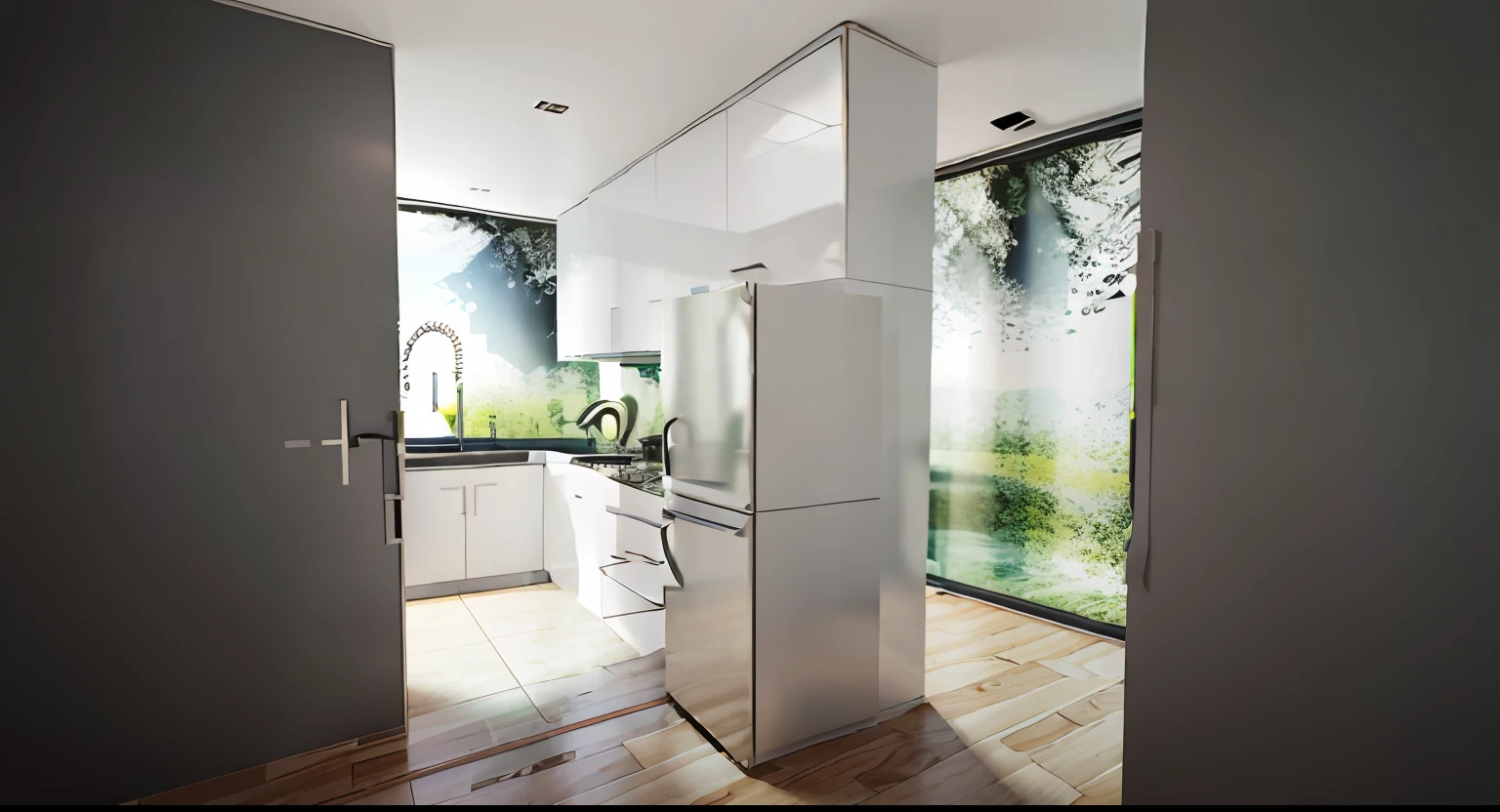 Kitchen renderings with doors and windows, There is a refrigerator in the foreground，Nordic style， In the distance are cooking stations and sinks，a range hood，On the left is a locker，containing tables and walls, Hanging cabinets, strong ambient occlusion, Environmental occlusion, There is a sink in the middle, ambient occlusion render, modeled in 3 d, Environmental occlusion:3, rendered 3d model