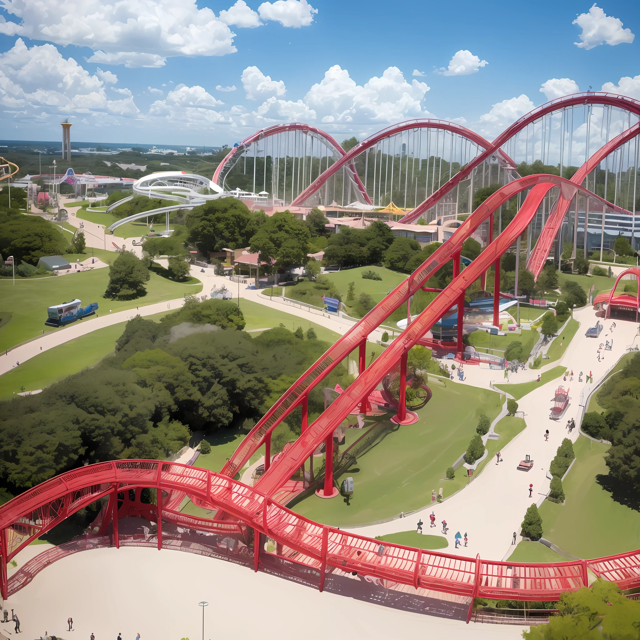 Someone rides a roller coaster in the park, roller coasters, Roller coaster, roller coasters, amusement park attractions, theme park, crisp smooth lines, rides, An amusement park, digger land amusement park, amusement park buildings, crazy racer spinning, zig-zag, dreamworld, it is very huge, White and red color scheme