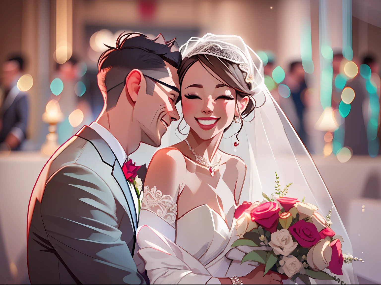 Groom and bride，Wedding，Bust，ssmile，Blur the heart background