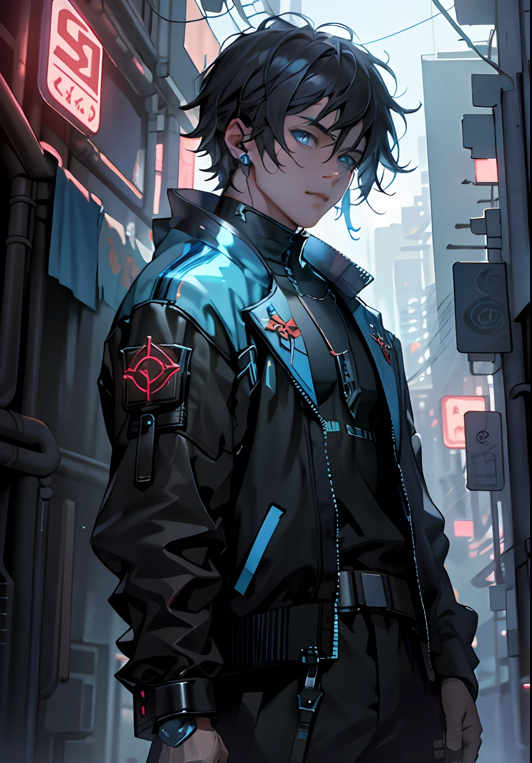 Extremely delicate CG Unity 8K wallpaper,Stunning details,Best Picture Quality,Blue-eyed cyberpunk character,Dark Boy。