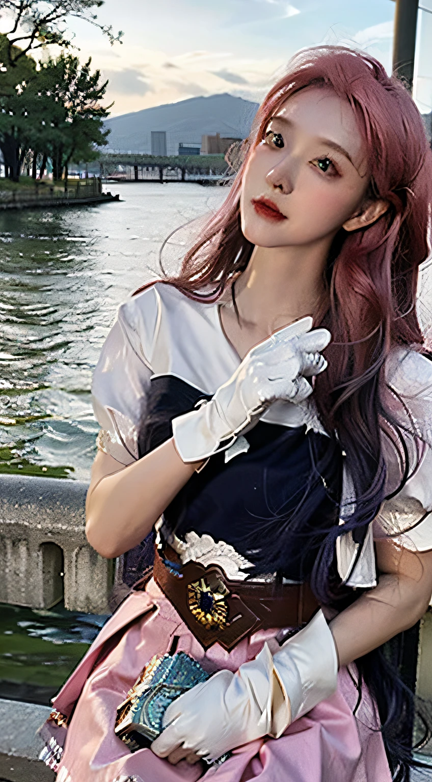 masterpiece, best quality, official art, 8k wallpaper, 1 girl, belt, black gloves, blue eyes, boots, dress, nails, gloves, lips, long hair, pink hair, puffy short sleeves, puffy sleeves, short dress, short sleeves, skirt, solo_focus, thighs, very long hair, white gloves, looking at viewer, open mouth, arms up, happy, hands behind back, outdoor, cinema lighting,