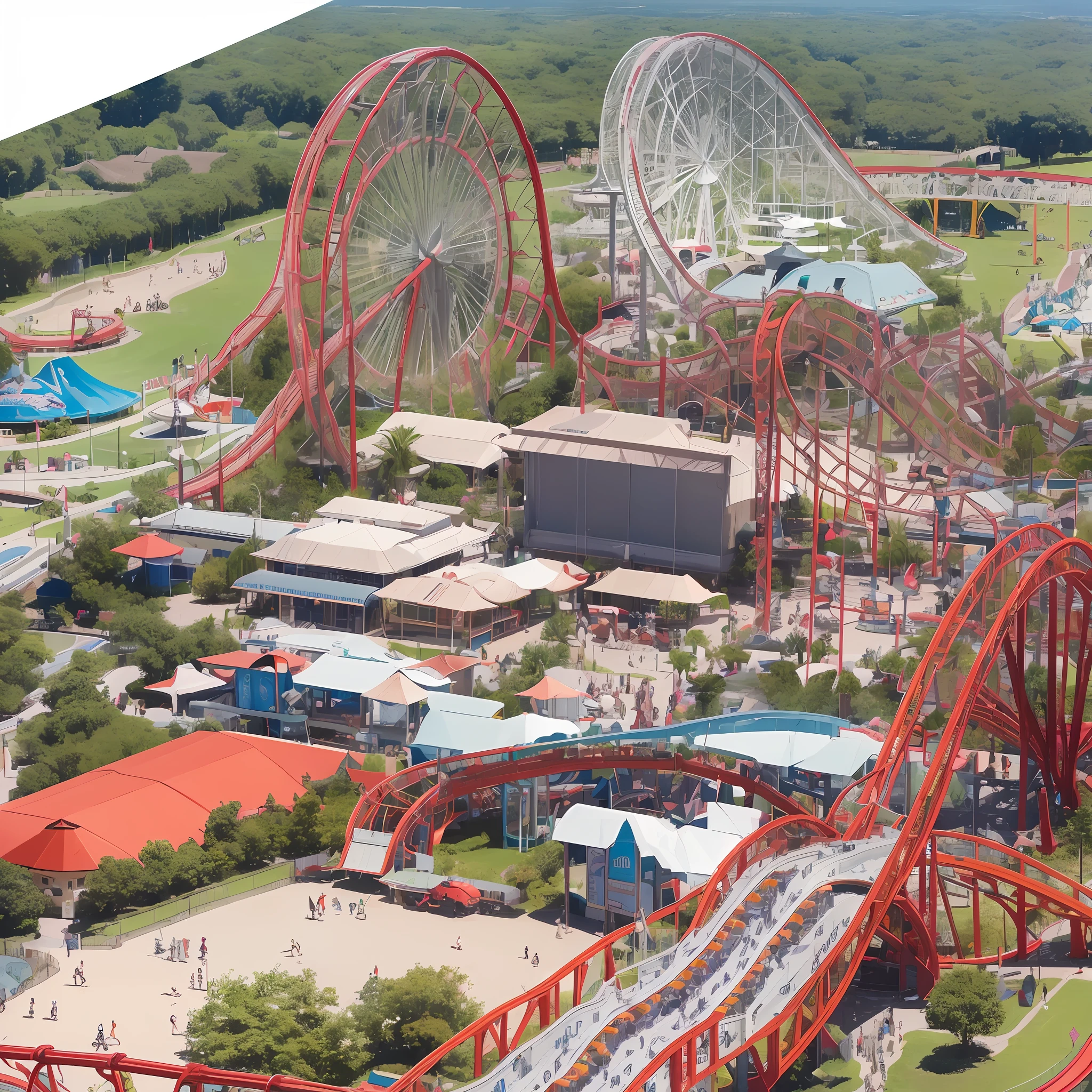 Someone rides a roller coaster in the park, roller coasters, Roller coaster, roller coasters, amusement park attractions, theme park, crisp smooth lines, rides, An amusement park, digger land amusement park, amusement park buildings, crazy racer spinning, zig-zag, dreamworld, it is very huge, White and red color scheme
