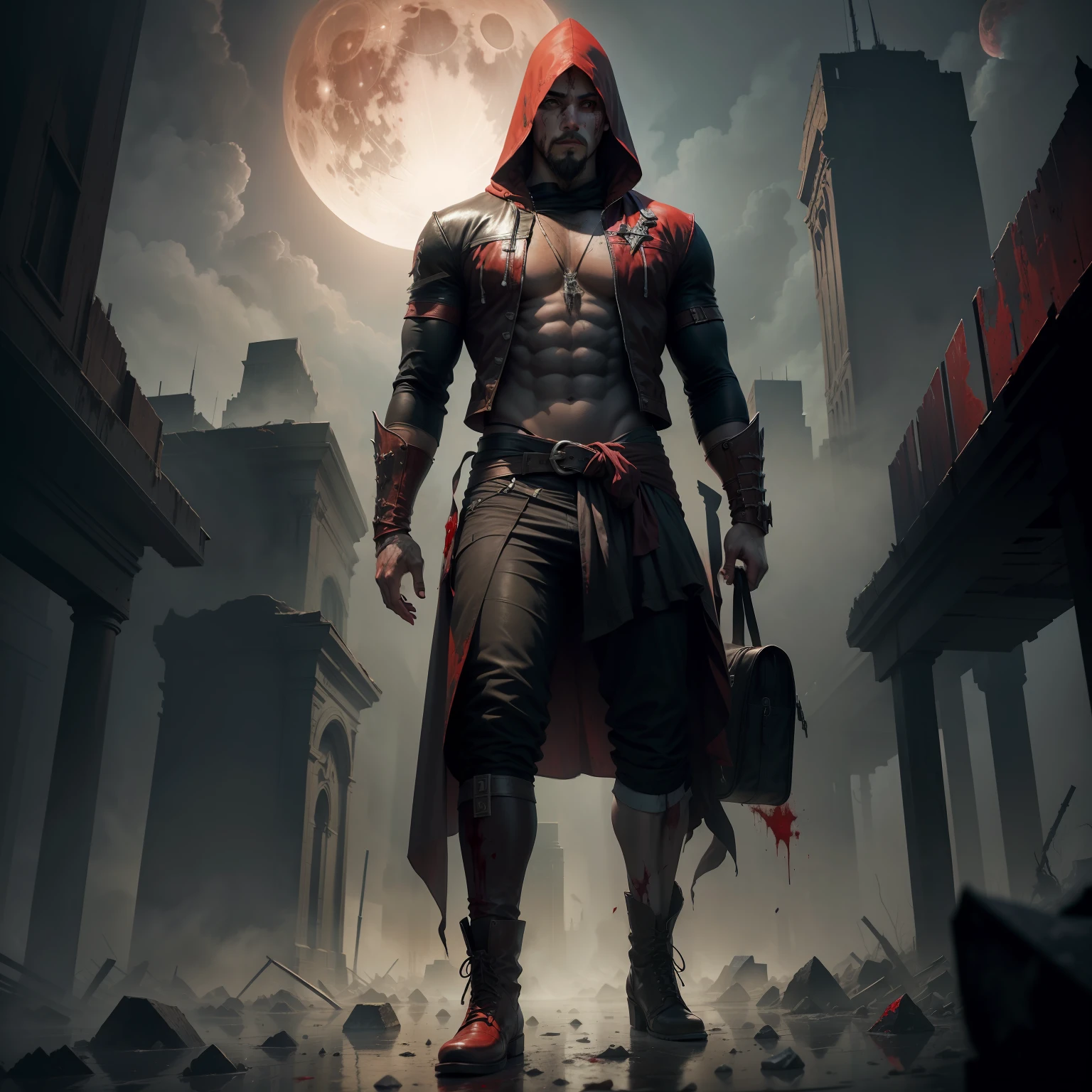 Best quality, masterpiece, ultra high res,detailed background,realistic,illustration,from below,full body,solo,1boy,pyramidHead,muscular,facial hair,blood on clothes,boots,full red moon,blood splatter,mist,fog,red and black,ruins,volumetric lighting,depth of field,