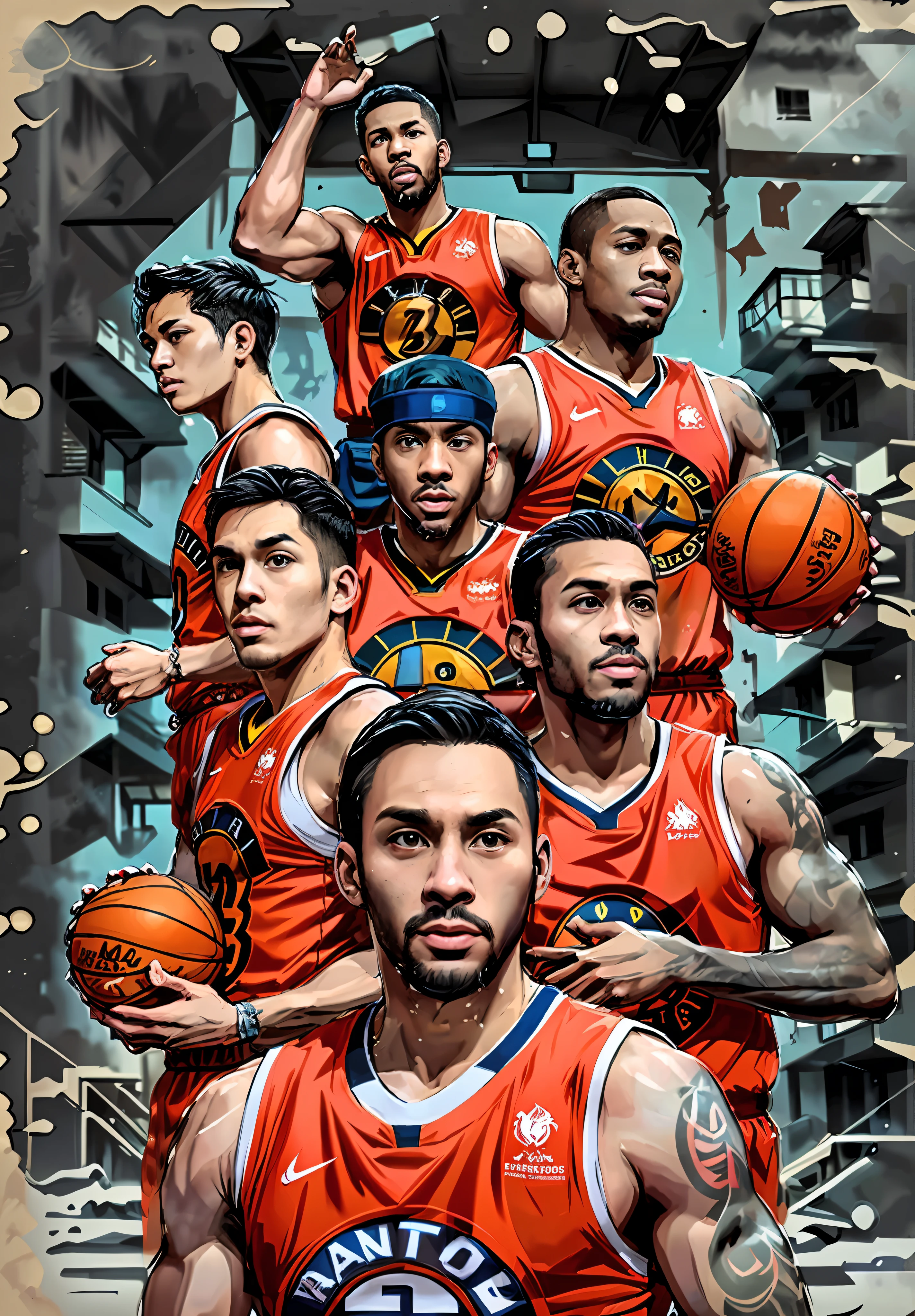 nba finals，Close-up of basketball player，raptors，warriors fan art，inspired by Patrick Brown，hyper detail illustration，Poster style，Wallpaper phone，art cover illustration，closeup cleavage！official fan art，1:1超级插图，official print，tom richmond illustration，illustrated！GTA，author：Mario Cooper。