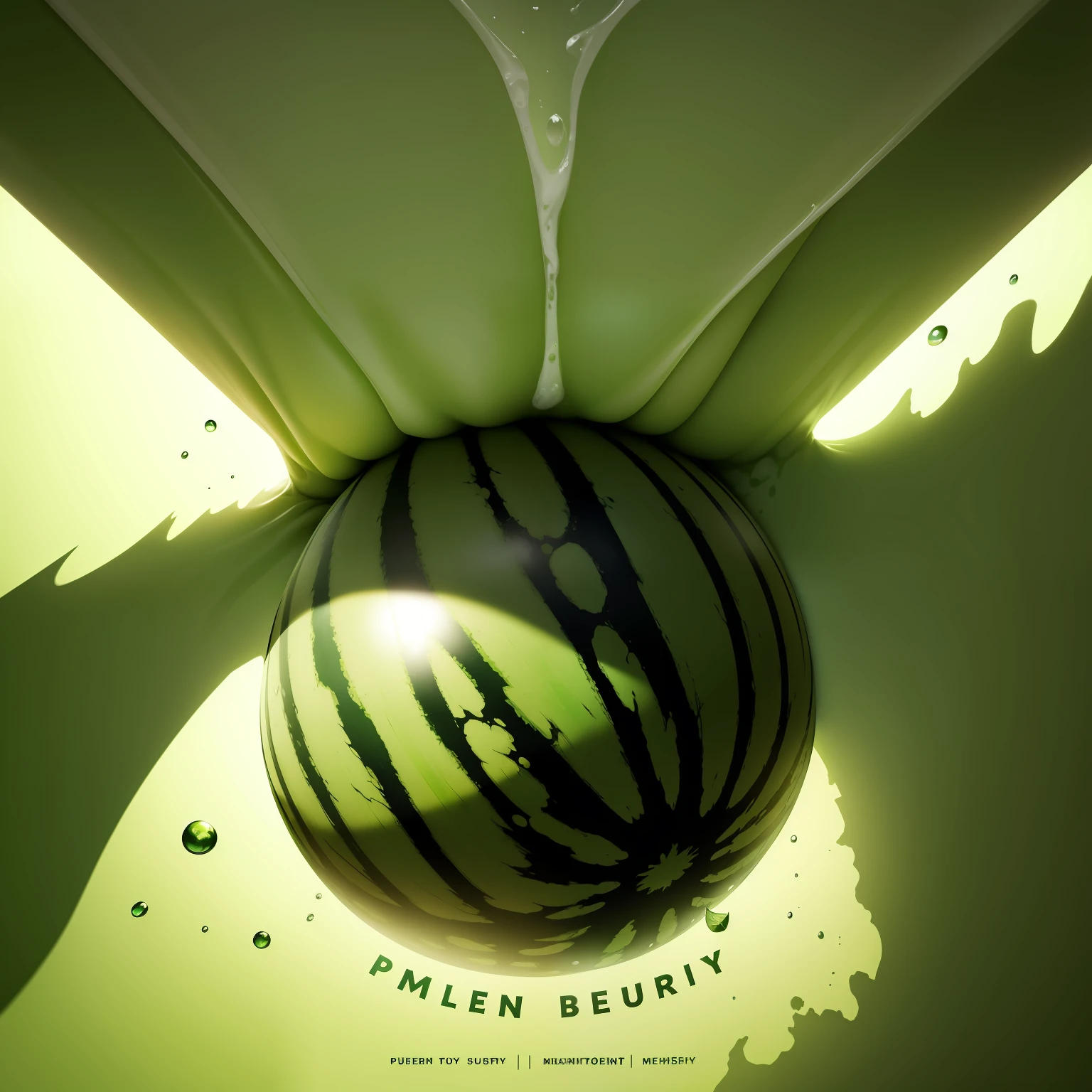 A premium minimalist green background，A watermelon covers the picture，Surround the splash，Plus super beautiful typographic copywriting