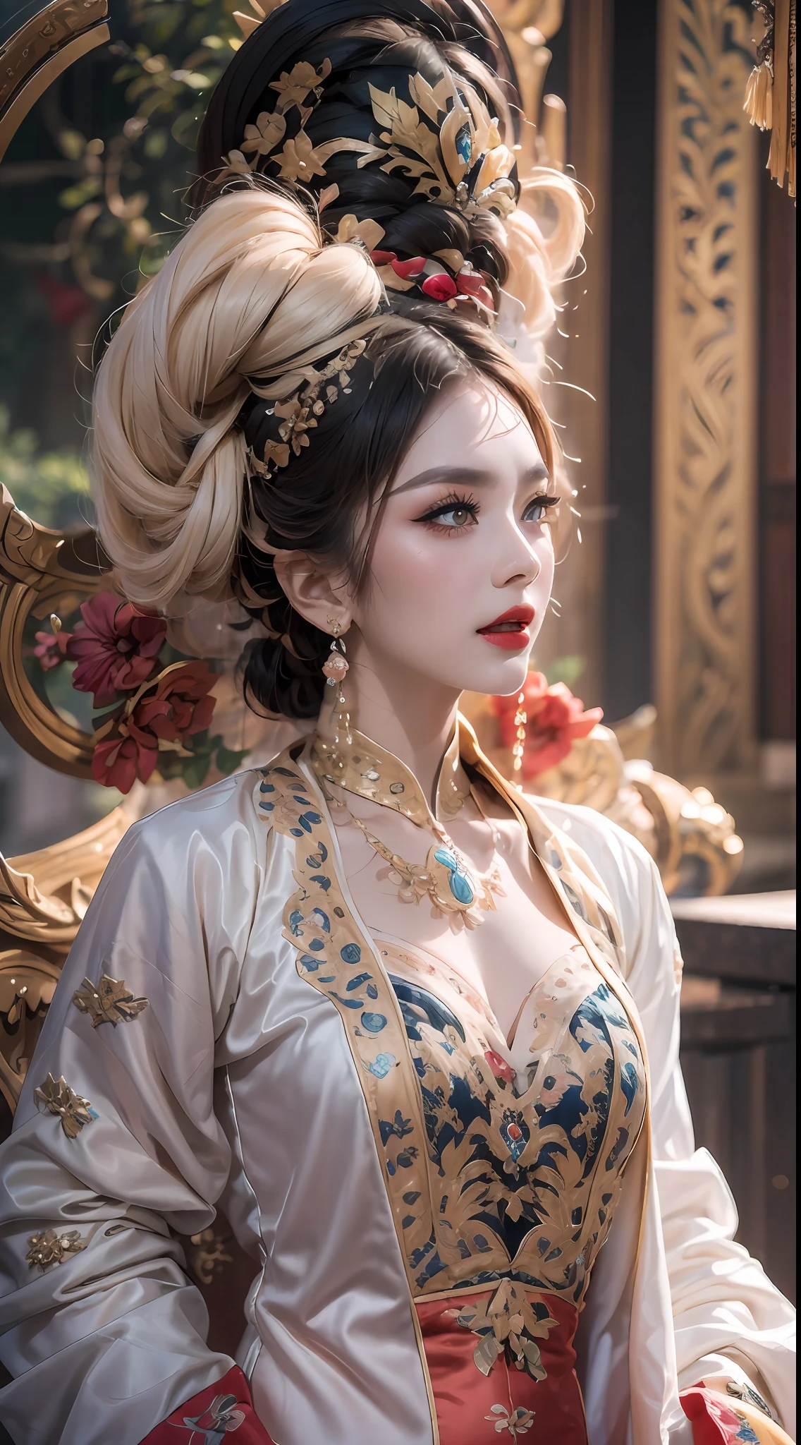 portrait of a beautiful 20 year old holy woman, wearing a thin multicolored silk dress, beautiful face without blemishes, ((natural smile:0.3)), Mouth closed, ((7-color hair length:1.2)), big crown, hair brooch, hanfu dress, chinese ancient style, full body jewelry, forehead tattoo, super even chest, face, red lips, delicate pink and white eyes (white and detailed) cinematic, light and dark, dramatic lighting, magical light, extremely detailed light, true color, super sharp, realistic, 8k quality, fantasy universe background, saints and magical space, the most detailed images, Exhibition photo, awarded, Eye-catching bright tone effect,