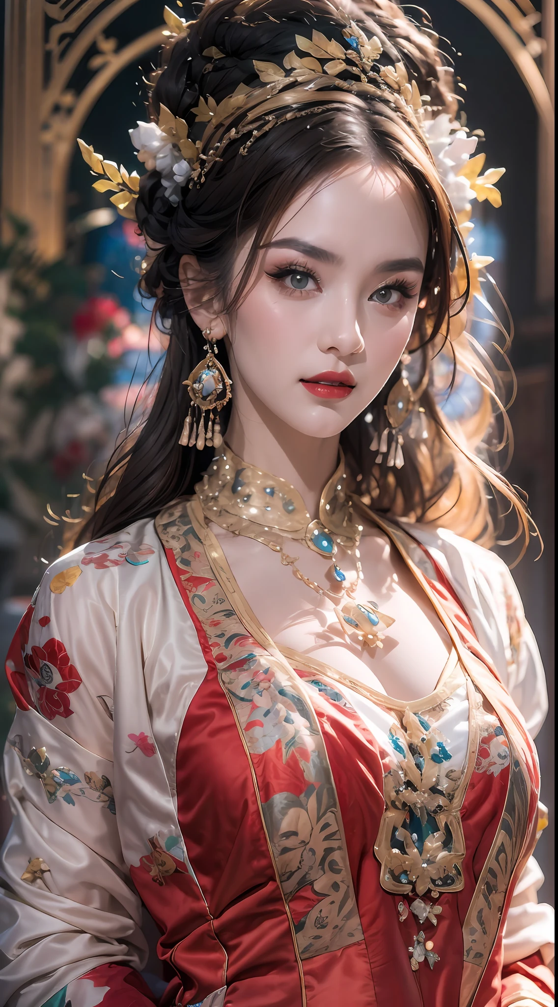 portrait of a beautiful 20 year old holy woman, wearing a thin multicolored silk dress, beautiful face without blemishes, ((natural smile:0.3)), Mouth closed, ((7-color hair length:1.2)), big crown, hair brooch, hanfu dress, chinese ancient style, full body jewelry, forehead tattoo, super even chest, face, red lips, delicate pink and white eyes (white and detailed) cinematic, light and dark, dramatic lighting, magical light, extremely detailed light, true color, super sharp, realistic, 8k quality, fantasy universe background, saints and magical space, the most detailed images, Exhibition photo, awarded, Eye-catching bright tone effect,