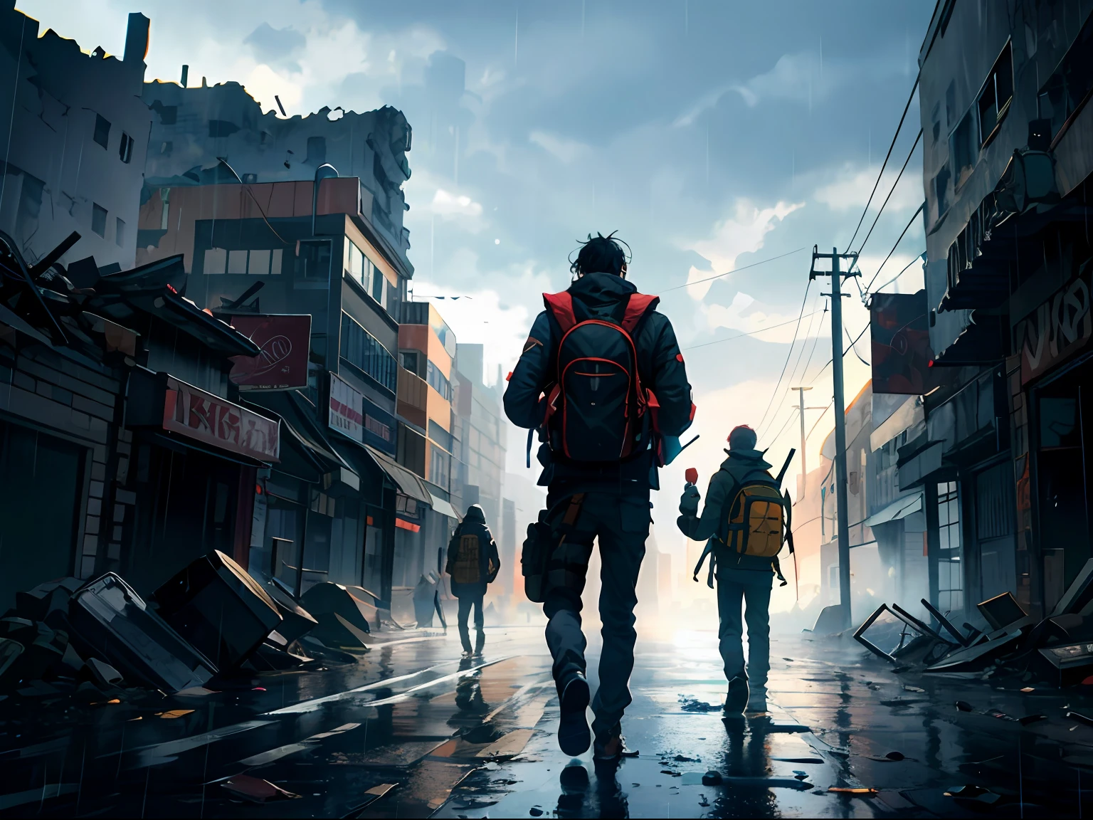 Ultra HD details、Apocalyptic ruined city、Rain sky、Handsome boy in black、carrying backpack