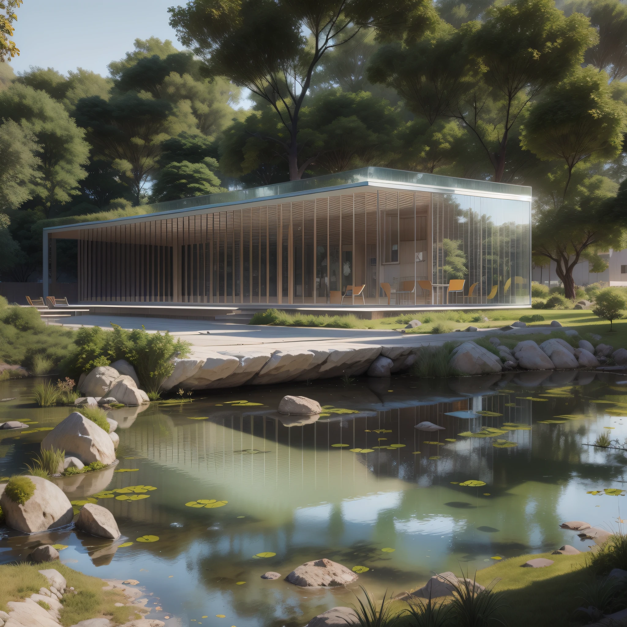 meio dia, Nova Iorque, alto brilho, There is a small waterfall in the middle of a park with a building in the background, Arquitetura moderna, arquitectura Norman Foster, mirrored building, museum building, Arquitetura moderna, arquitetura premiada, Luz vibrante, high-quality render, architectural render, professional render, a photorealistic rendering, architectural visualisation, oi ultra, natural realistic render, hyper - realistic render, hyperrealistic rendering, beautifully detailed render, hiper realismo, 16k, Ultra HD | | | | | |, muita luz, muito brilho,