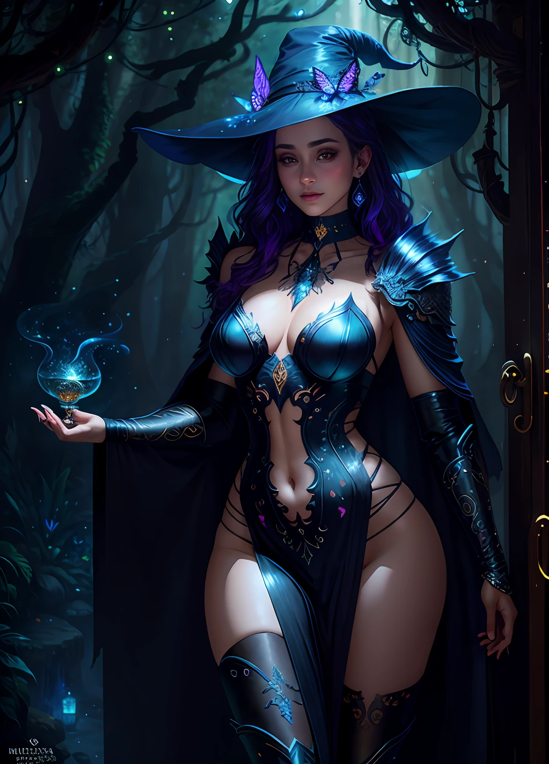 sexy full shot body photo of the most beautiful artwork in the world, illustration, cinematic light, fantasy, highres, highest quallity, ultra detailed,  best quality, masterpiece, (detailed face), sexy mature woman wears a leather armor with pelvic curtain, fullbody (transparent galaxy) cloths coat, floating cloth, choker, glowing (elder underworld fantasy) forest plants with neon details, open shoulders, tiny glowing butterfly, hair jewery, wearing a torn witch hat, (focus on body:1.25), night, small mutated animals in background, ,a potion on hip, shoulder pads emitting magic energy, dark, light reflection