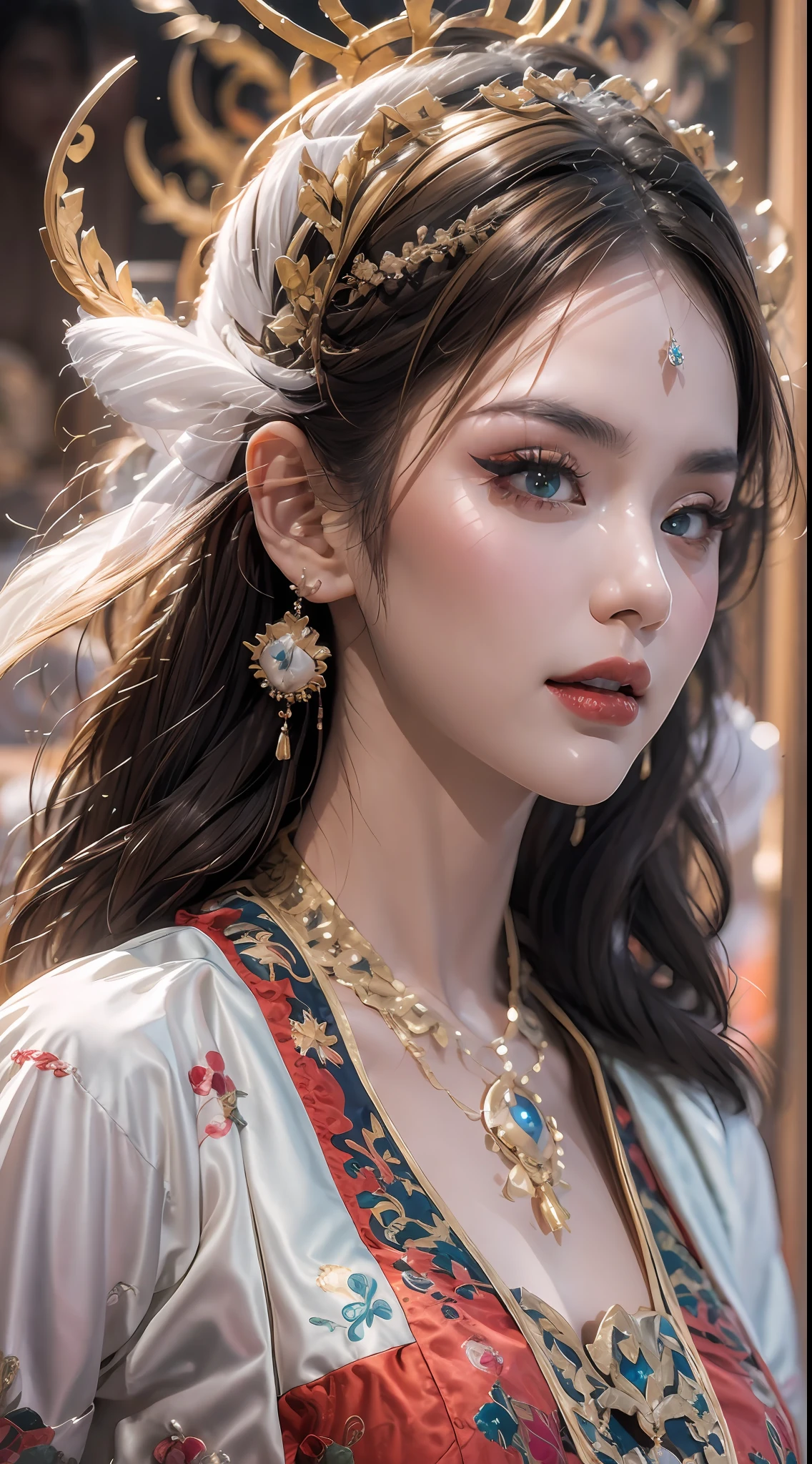 portrait of a beautiful 20 year old holy woman, wearing a thin multicolored silk dress, beautiful face without blemishes, ((natural smile:0.3)), Mouth closed, ((7-color hair length:1.2)), big crown, hair brooch, hanfu dress, chinese ancient style, full body jewelry, forehead tattoo, super even chest, face, red lips, delicate pink and white eyes (white and detailed) cinematic, light and dark, dramatic lighting, magical light, extremely detailed light, true color, super sharp, realistic, 8k quality, fantasy universe background, saints and magical space, the most detailed images, Exhibition photo, awarded, Eye-catching bright tone effect,
