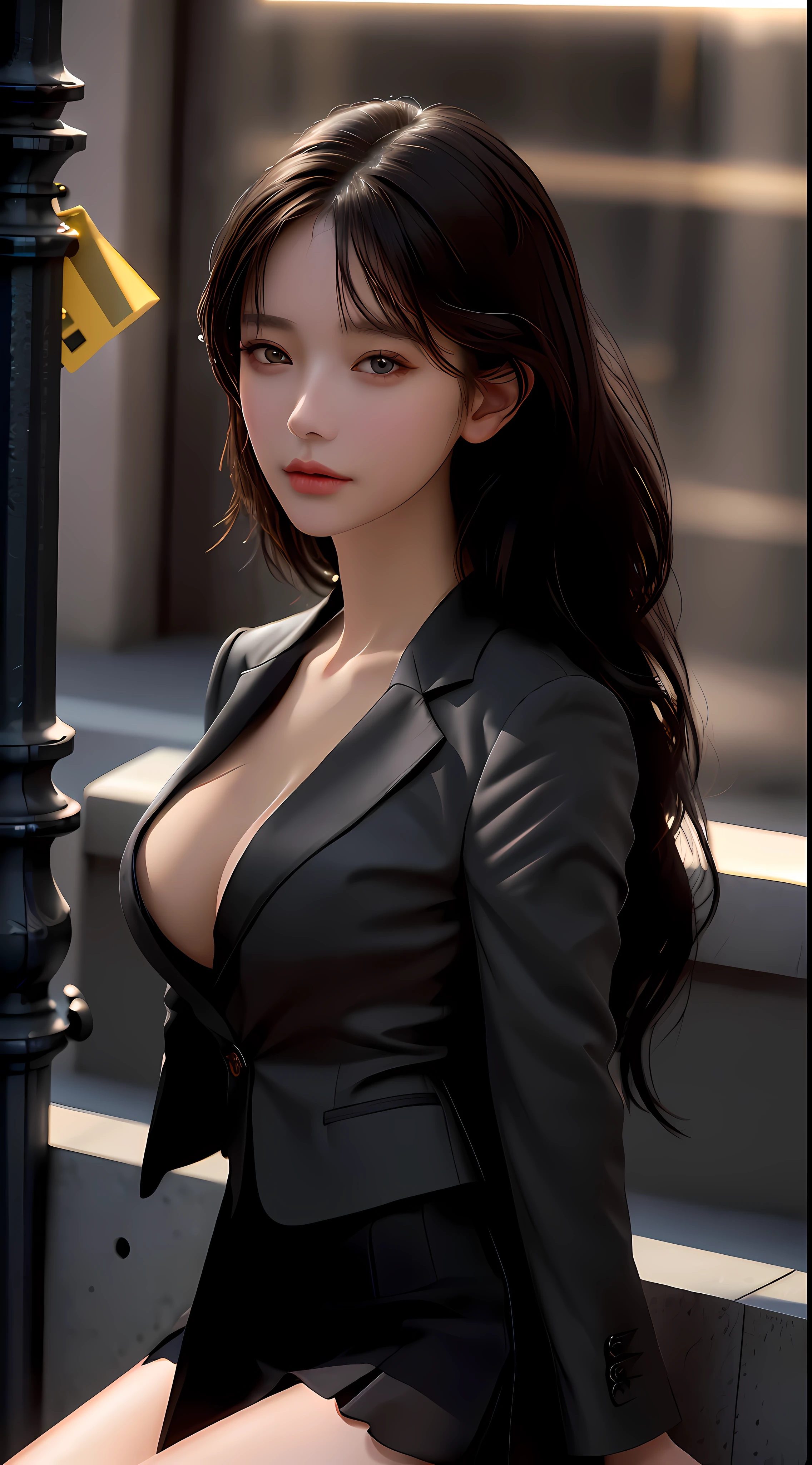 best quality, masterpiece, 1girl, Beautiful face, (photo realistic:1.3), rim lighting, (high detailed skin:1.2), 8k uhd, dslr, high quality, high resolution, 4k, 8k, Bokeh, absurdres, best ratio four finger and one thumb, (realistic:1.3), cute 1girl, wearing black formal blazer, medium breasts, short skirt,