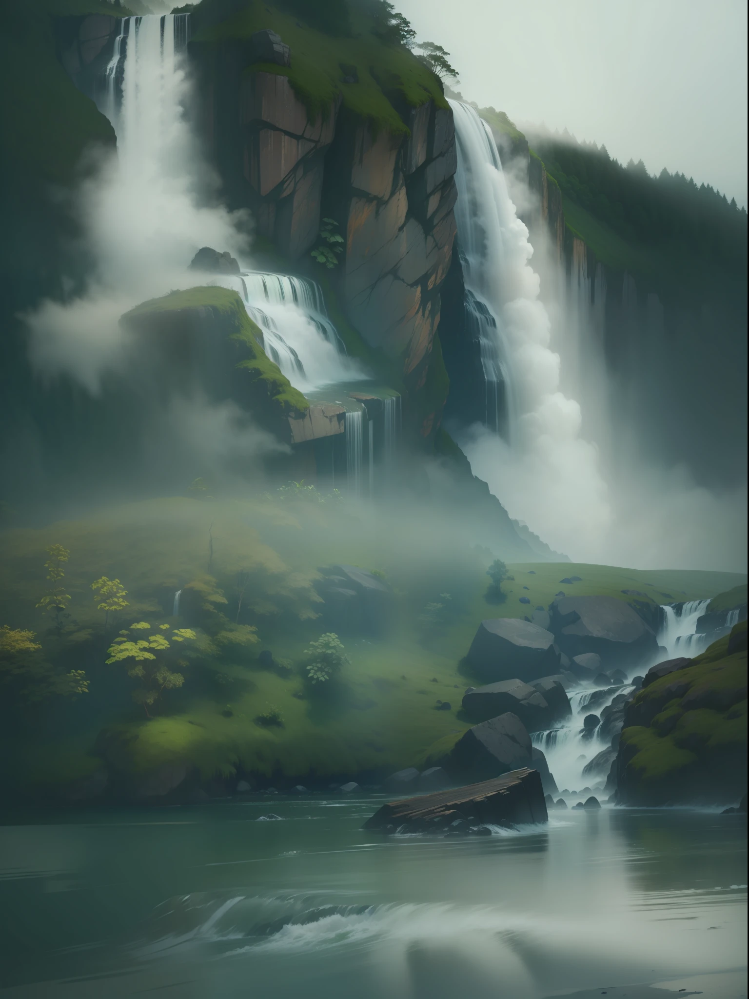 Waterfall, fog