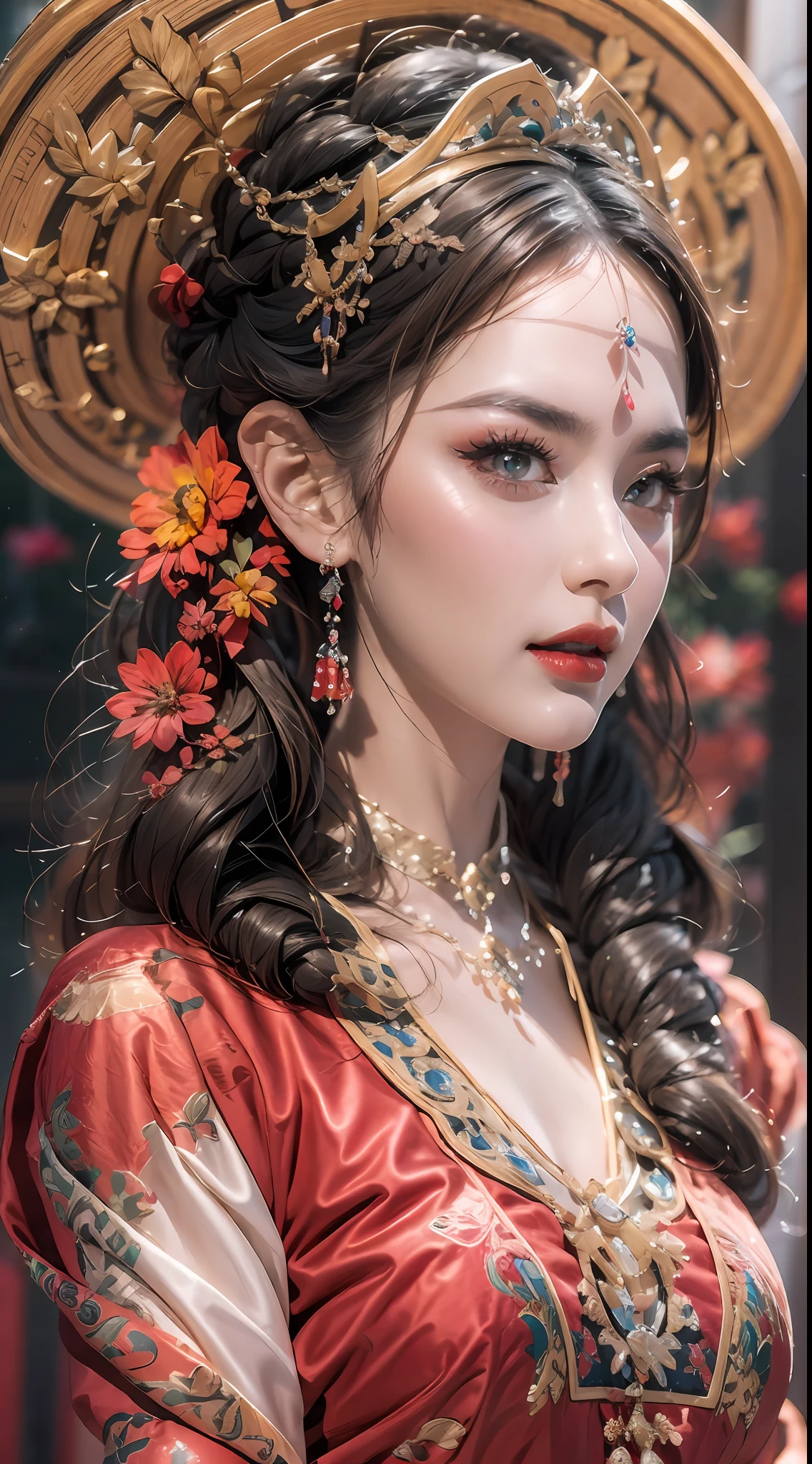 portrait of a beautiful 20 year old holy woman, wearing a thin multicolored silk dress, beautiful face without blemishes, ((natural smile:0.3)), Mouth closed, ((7-color hair length:1.2)), big crown, hair brooch, hanfu dress, chinese ancient style, full body jewelry, forehead tattoo, super even chest, face, red lips, delicate pink and white eyes (white and detailed) cinematic, light and dark, dramatic lighting, magical light, extremely detailed light, true color, super sharp, realistic, 8k quality, fantasy universe background, saints and magical space, the most detailed images, Exhibition photo, awarded, Eye-catching bright tone effect,