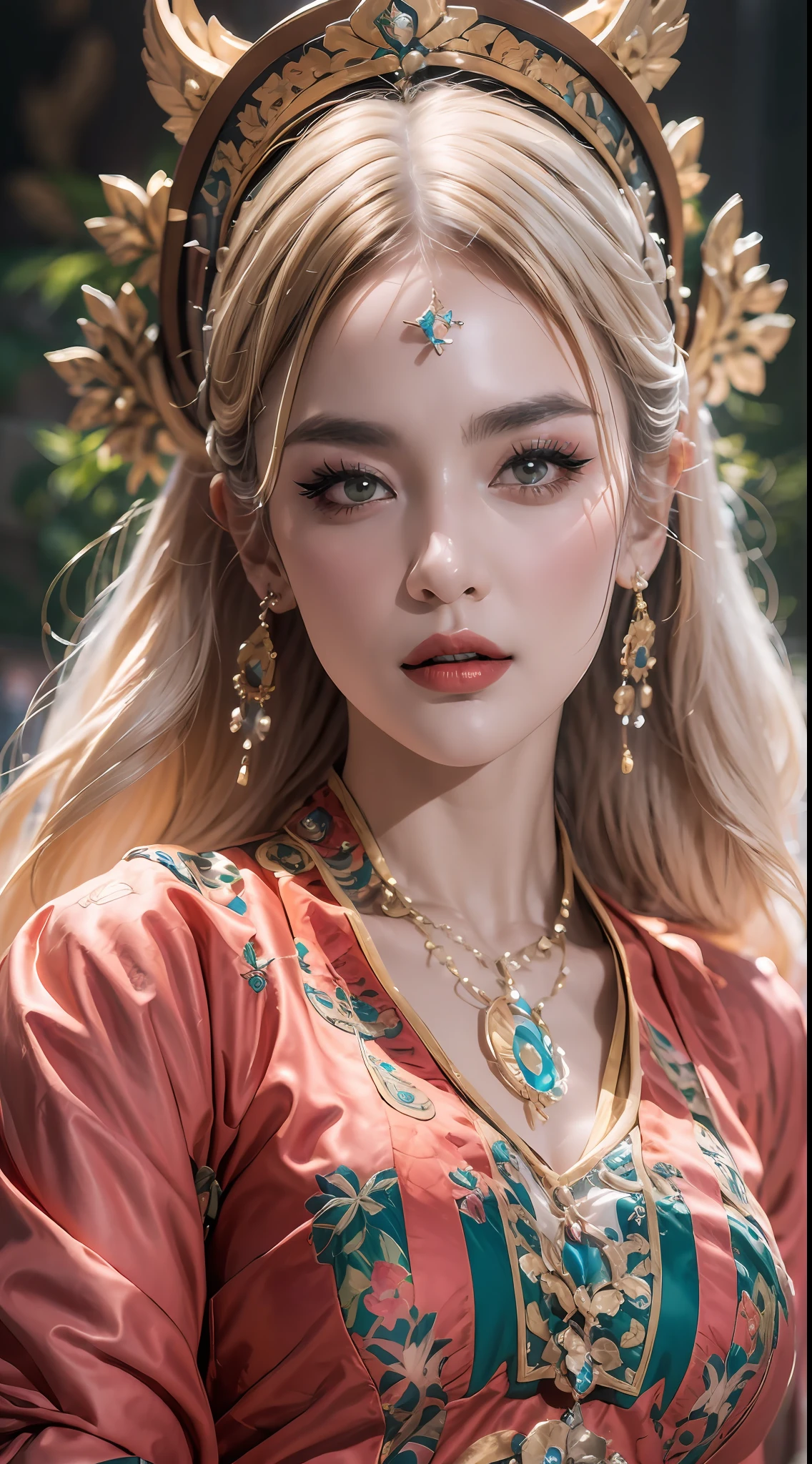 portrait of a beautiful 20 year old holy woman, wearing a thin multicolored silk dress, beautiful face without blemishes, ((natural smile:0.3)), Mouth closed, ((7-color hair length:1.2)), big crown, hair brooch, hanfu dress, chinese ancient style, full body jewelry, forehead tattoo, super even chest, face, red lips, delicate pink and white eyes (white and detailed) cinematic, light and dark, dramatic lighting, magical light, extremely detailed light, true color, super sharp, realistic, 8k quality, fantasy universe background, saints and magical space, the most detailed images, Exhibition photo, awarded, Eye-catching bright tone effect,