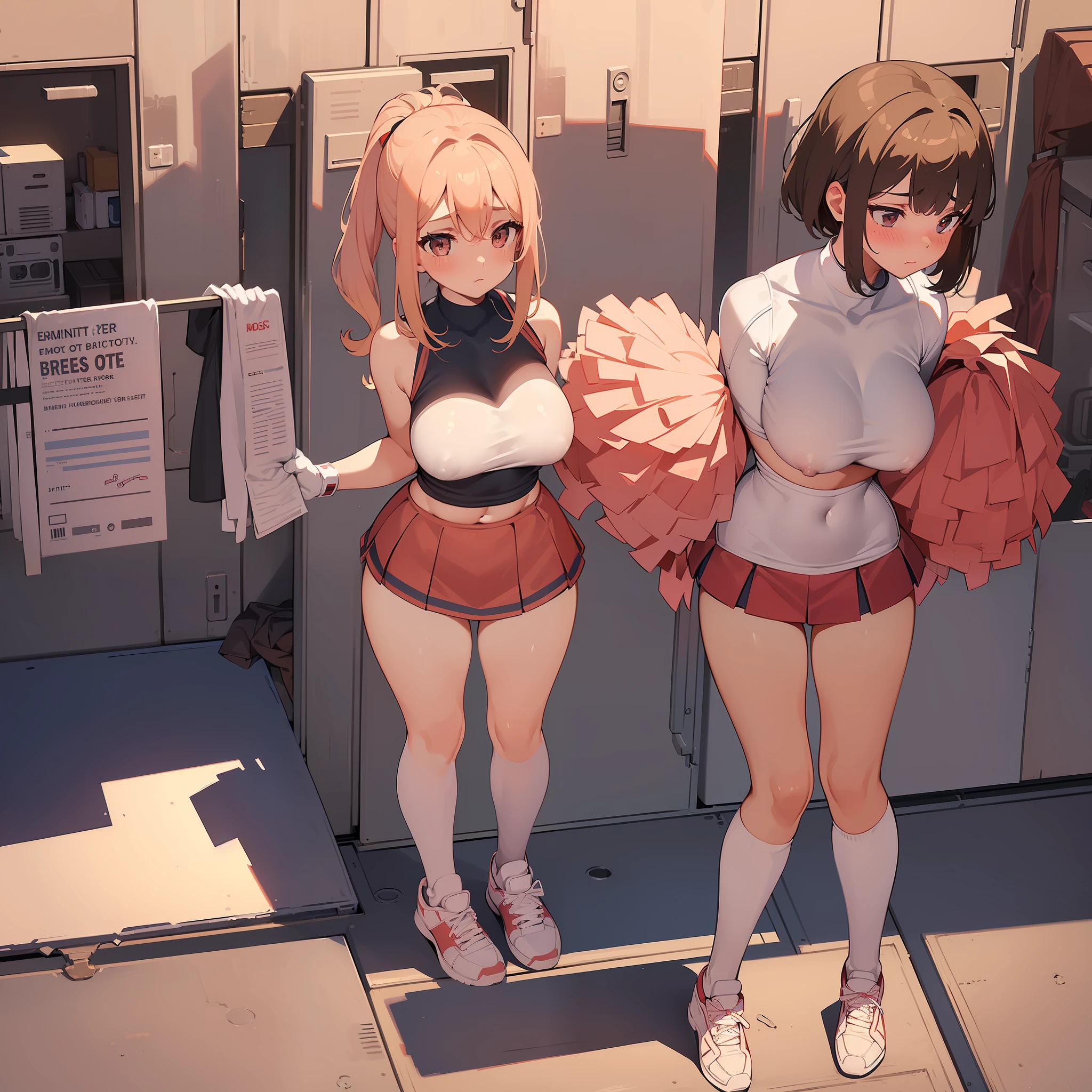 ((perfect body)), ((perfect face)), cameltoe, (blush), ((cheerleader outfit)), (((two girls standing next to eachother))), ((short miniskirt)), ((big breasts)), (photo from above)), (shy), (((masterpiece))), (((topless))), (((empty hands))), (((in a locker room)))