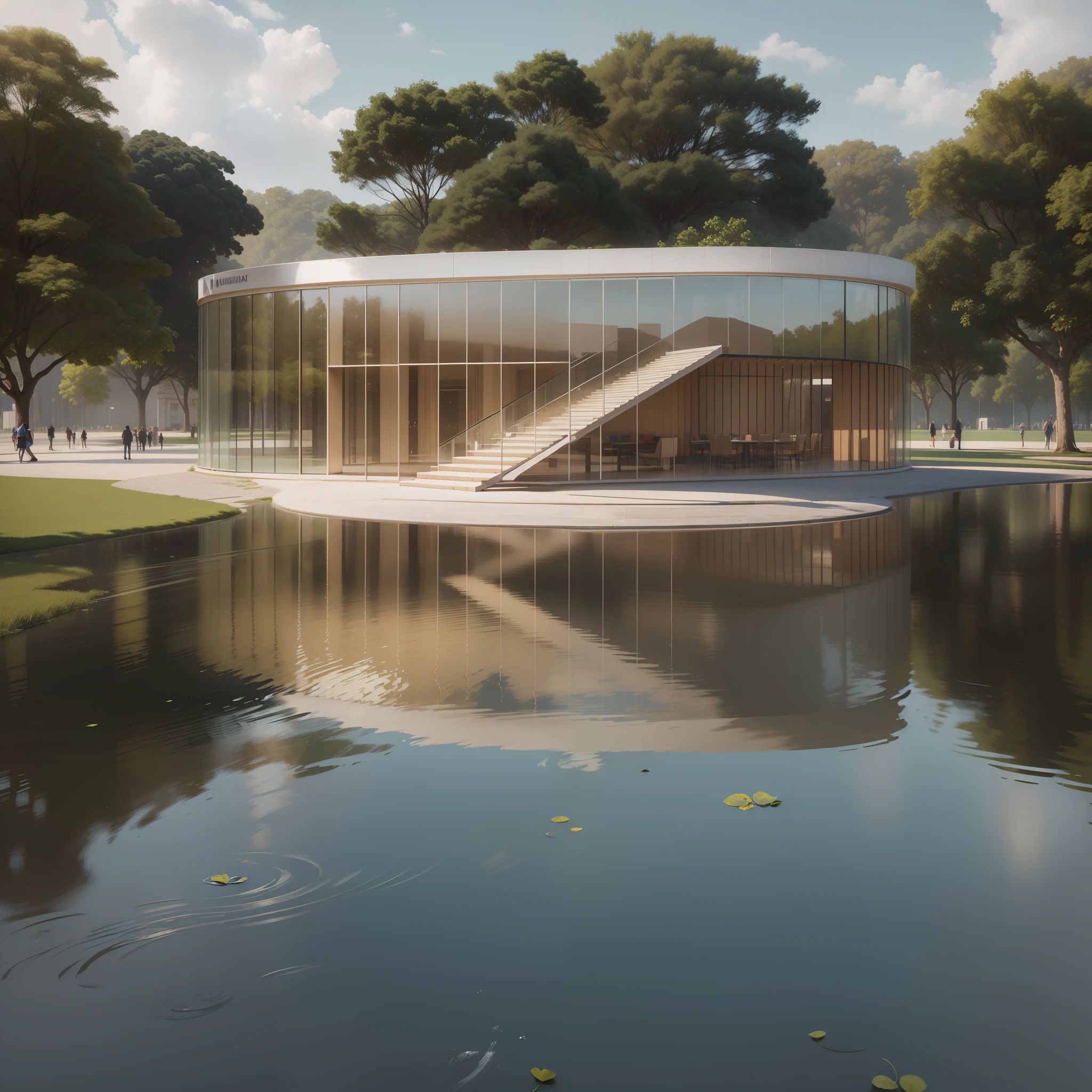 meio dia, Nova Iorque, alto brilho, There is a small lake in the middle of a park with a building in the background, Arquitetura moderna, arquitectura Norman Foster, mirrored building, museum building, Arquitetura moderna,  arquitetura premiada, Luz vibrante, high-quality render, architectural render, professional render, a photorealistic rendering, architectural visualisation, oi ultra, natural realistic render, hyper - realistic render, hyperrealistic rendering, beautifully detailed render, hiper realismo, 16k, Ultra HD | | | | | | | |, muita luz, muito brilho,