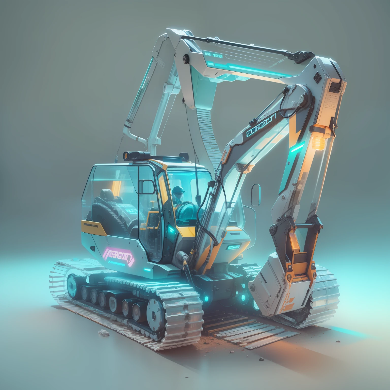 1 transparent excavator, Colored Transparent plastic, Cyberpunk, Industrial design, clean, Luminous neon lamp, White background, Surrealism, UHD, high details, best quality, 4k