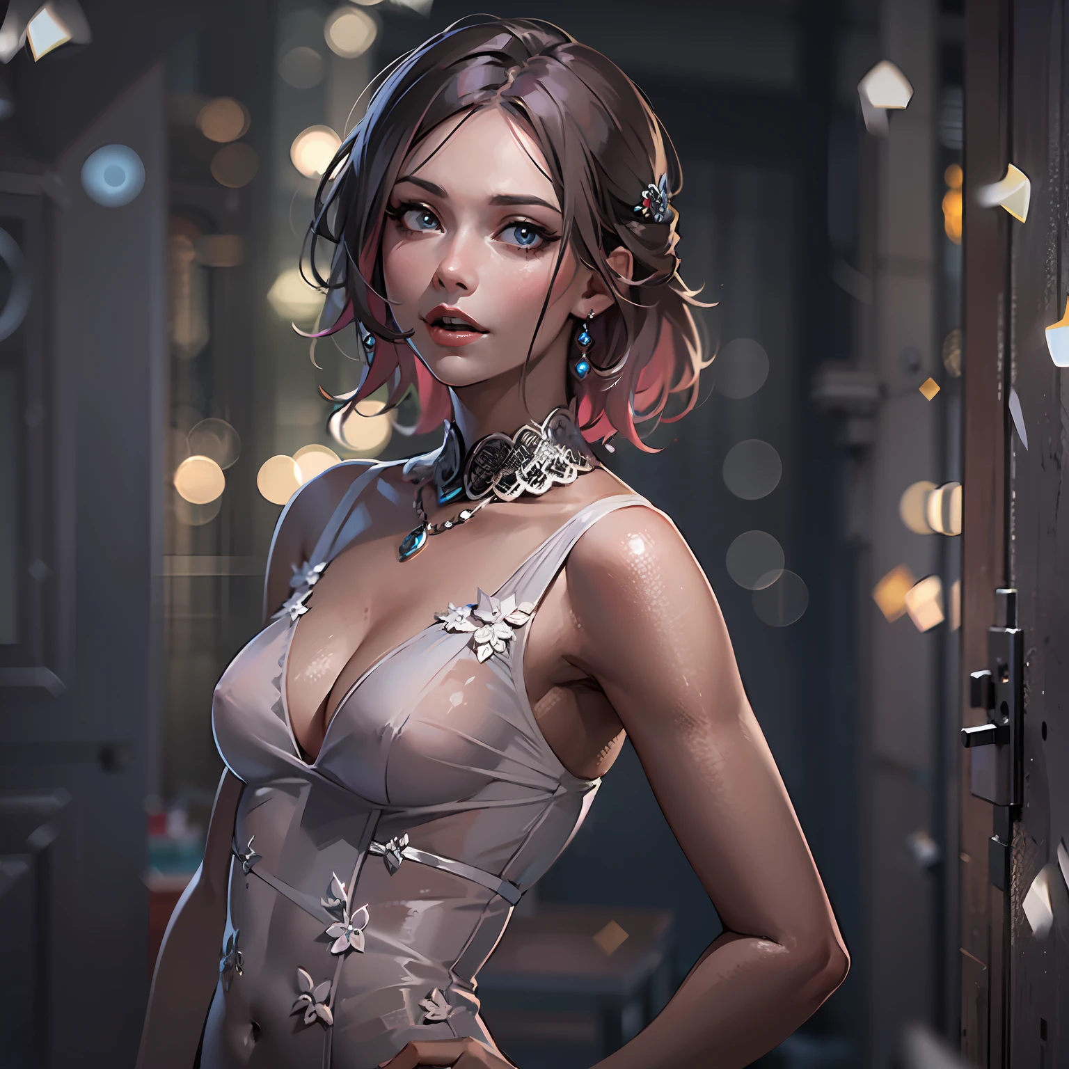 best qulaity, meisterwerk, high-res, 1girl, porzellankleid, haarschmuck, halskette, schmuck, Lovely face, upon_body, tyndall-effekt, fotorealistisch, dunkles studio, randbeleuchtung, zweifarbige beleuchtung, (hochdetaillierte haut: 1,2), 8k uhd, dslr, weiche beleuchtung, High quality, volumetrische beleuchtung, offen, fotografie, hight resolution, 4k, 8k, bokeh, .Jinstyle, buildings
