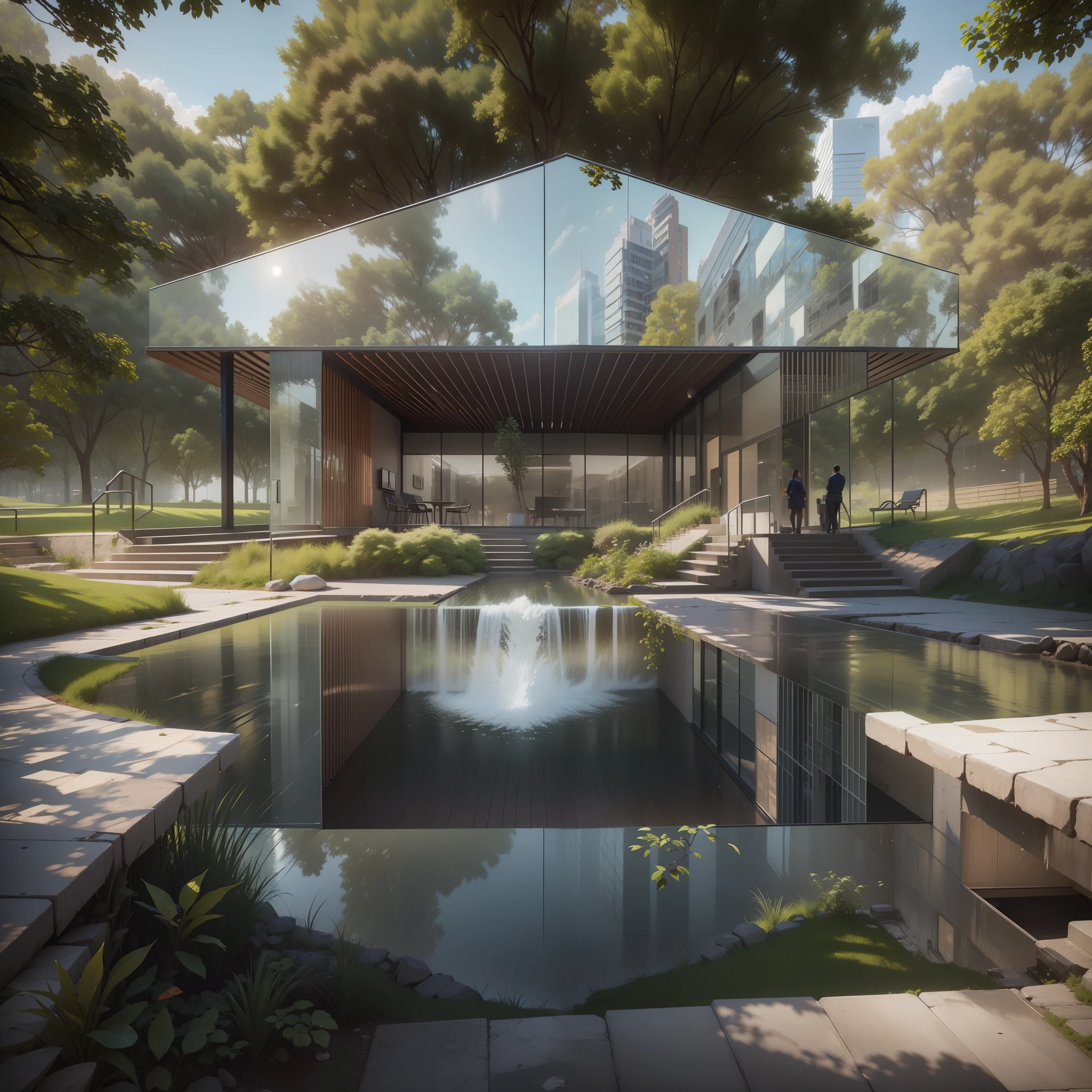 meio dia, Nova Iorque, alto brilho, There is a small waterfall in the middle of a park with a building in the background, Arquitetura moderna, arquitectura Norman Foster, mirrored building, museum building, Arquitetura moderna, arquitetura premiada, Luz vibrante, high-quality render, architectural render, professional render, a photorealistic rendering, architectural visualisation, oi ultra, natural realistic render, hyper - realistic render, hyperrealistic rendering, beautifully detailed render, hiper realismo, 16k, Ultra HD | | | | | | | |, muita luz, muito brilho,