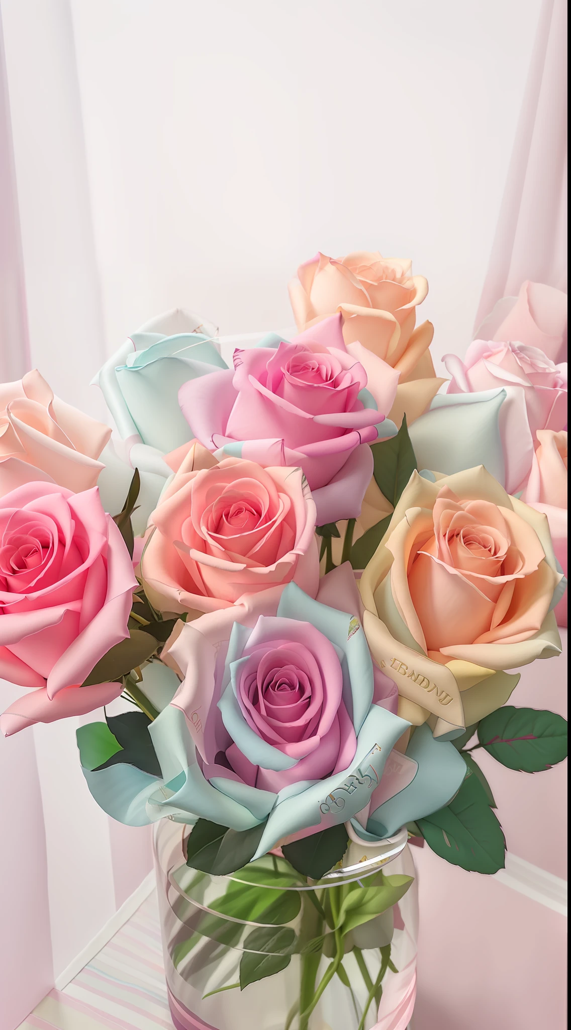 There is a vase,There is a bouquet of roses inside, pastel roses, pastel overflow, 🎀 🗡 🍓 🧚, In pastel colors, colorful pastel, pastel rainbow, 🎀 🧟 🍓 🧚, pastel rainbow, melanchonic rose soft light, rosette, Only pastel colors, candy pastel, rich pastel colors, pastel colored, Magical flowers, lovely pastel colors
