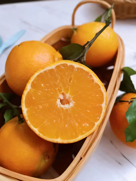 There were oranges in the basket on the table，Blue napkin, oranges, Orange: 0.5, orange extremely coherent, Oranges and orange slices, Orange, orange minerals, Orange flakes, Orange color, ❤🔥🍄🌪, Orange-yellow, Orange skin, Yellow orange, vibrant orange, an orange, orange ray, orange head, Peel the oranges