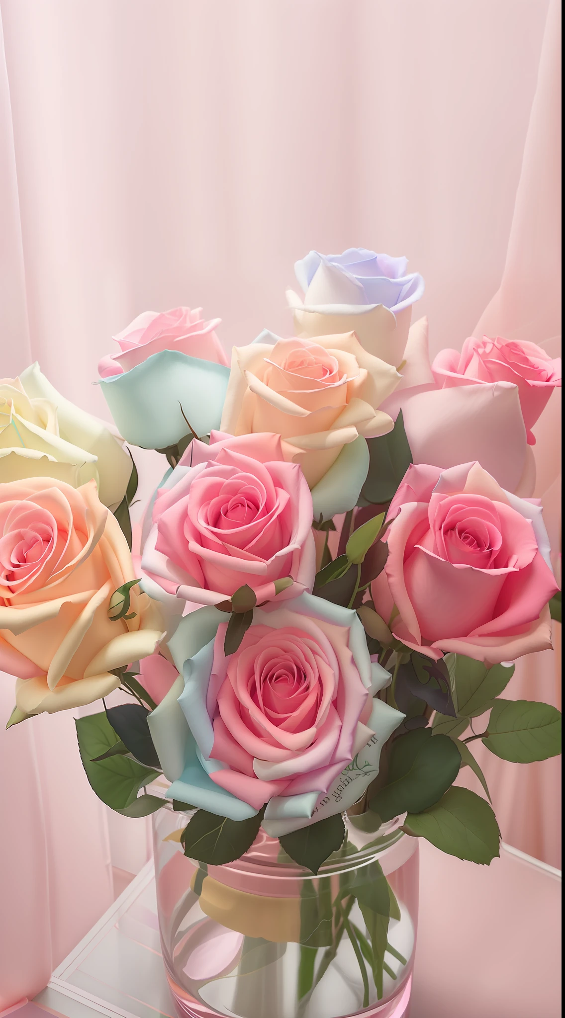 There is a vase，There is a bouquet of roses inside, pastel roses, pastel overflow, 🎀 🗡 🍓 🧚, In pastel colors, colorful pastel, pastel rainbow, 🎀 🧟 🍓 🧚, pastel rainbow, melanchonic rose soft light, rosette, Only pastel colors, candy pastel, rich pastel colors, pastel colored, Magical flowers, lovely pastel colors