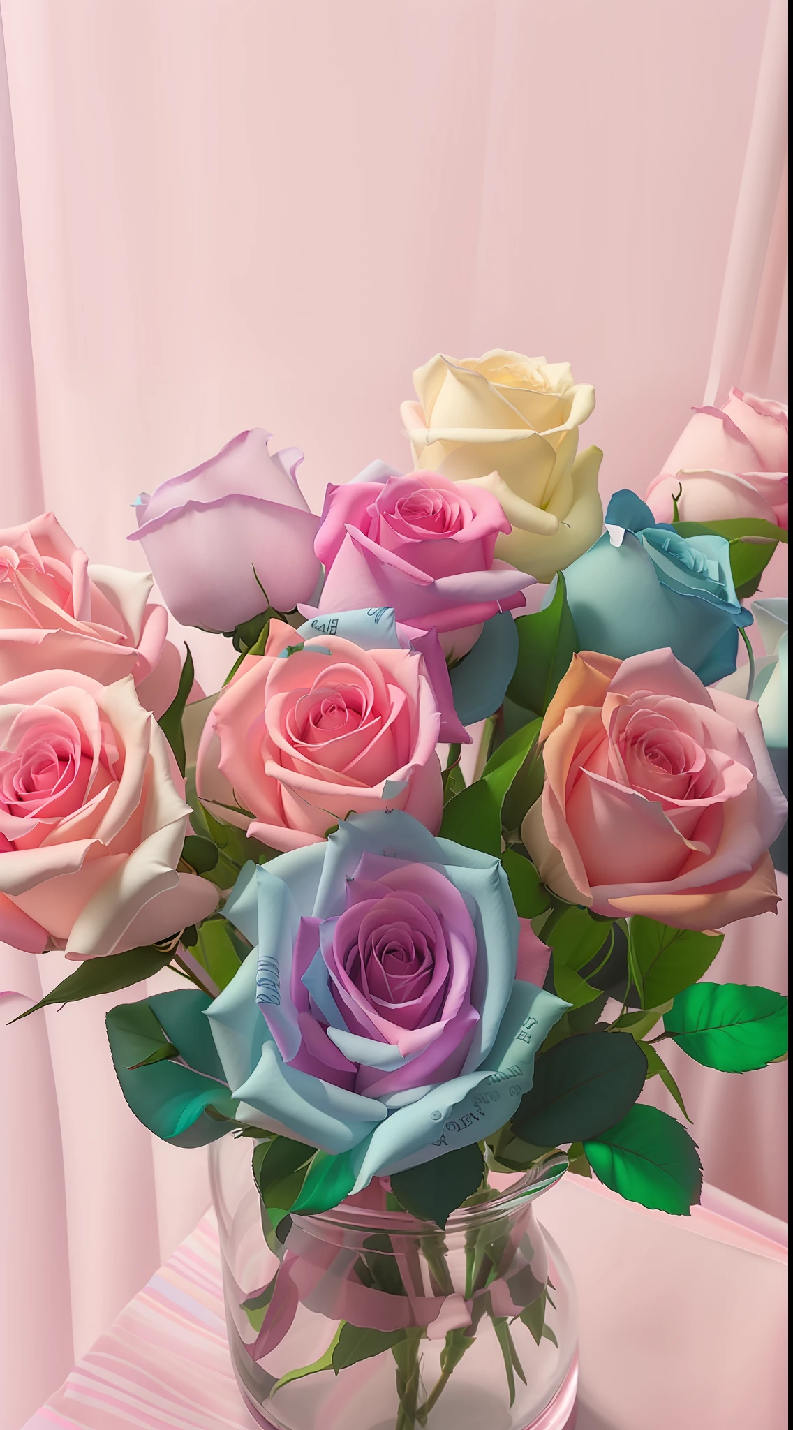 There is a vase，There is a bouquet of roses inside, pastel roses, pastel overflow, 🎀 🗡 🍓 🧚, In pastel colors, colorful pastel, pastel rainbow, 🎀 🧟 🍓 🧚, pastel rainbow, melanchonic rose soft light, rosette, Only pastel colors, candy pastel, rich pastel colors, pastel colored, Magical flowers, lovely pastel colors
