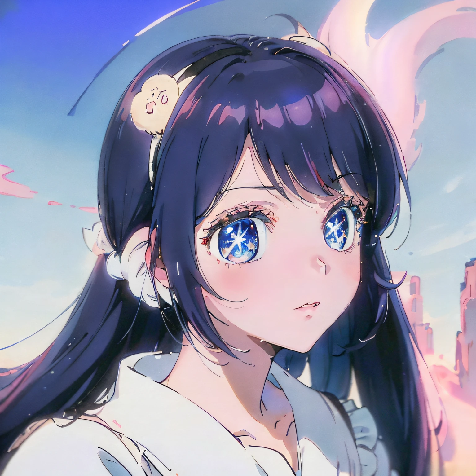 Anime girl with blue eyes wearing headphones and white dress, Cute anime girl, (Anime girl), pretty anime girl, Beautiful anime girl, Cute anime girl portrait, anime visual of a cute girl, anime moe art style, a beautiful anime portrait, saori, nightcore, extremely cute anime girl face, portrait anime girl, cute anime girl portraits, Anime girl,Retro,A high resolution,best qualtiy,high high quality