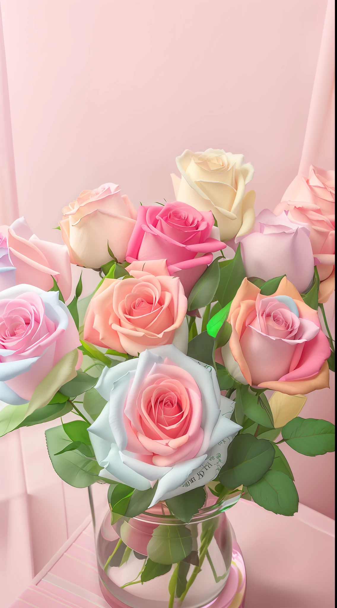 There is a vase,There is a bouquet of roses inside, pastel roses, pastel overflow, 🎀 🗡 🍓 🧚, In pastel colors, colorful pastel, pastel rainbow, 🎀 🧟 🍓 🧚, pastel rainbow, melanchonic rose soft light, rosette, Only pastel colors, candy pastel, rich pastel colors, pastel colored, Magical flowers, lovely pastel colors