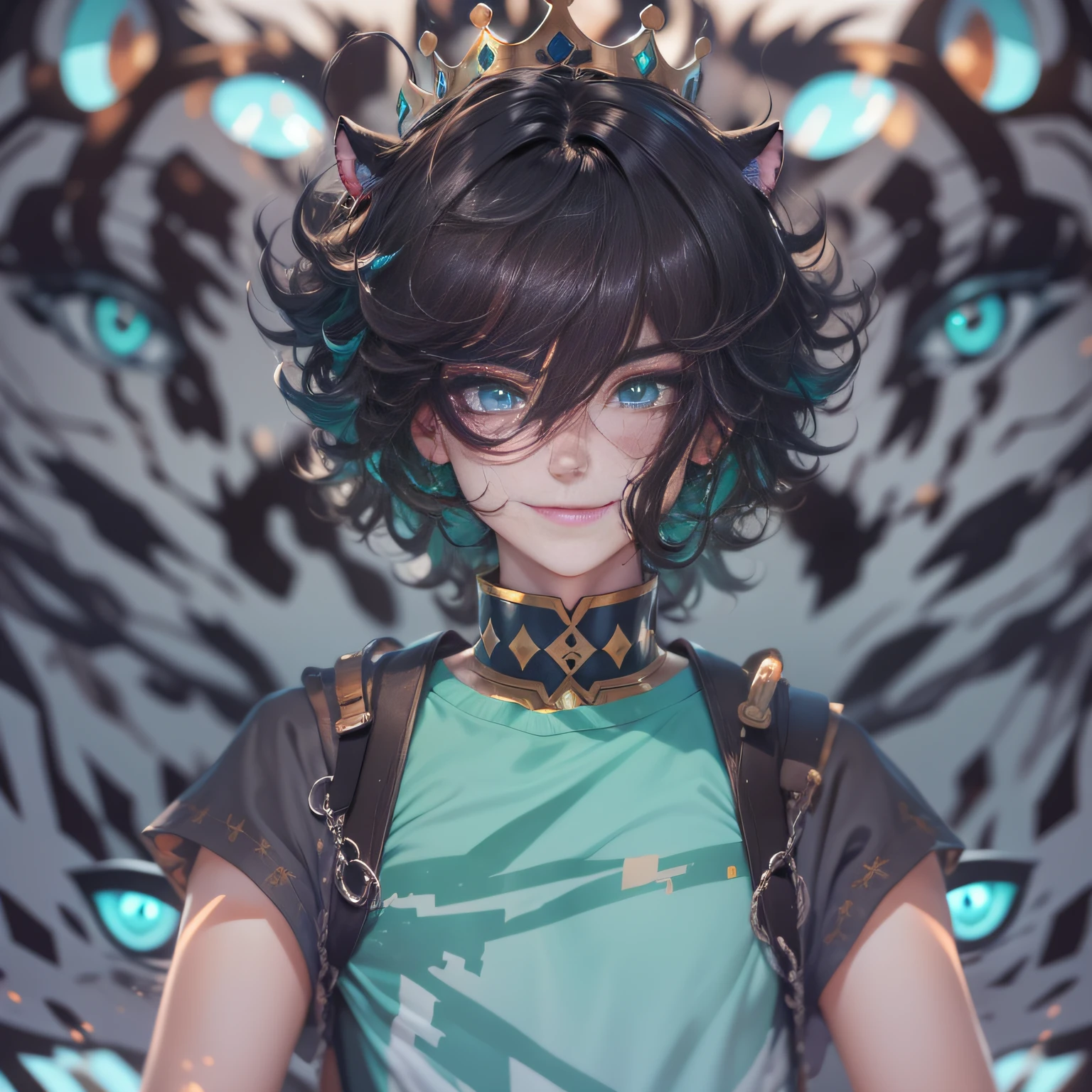 Black hair, Brown hair, Big hair, Antenna hair, crown, Hollow eyes, aqua eyes, pupils sparkling, Tiger ears, Evil smile, Depth of field, Anime style, projected inset, first person perspective, Masterpiece, Anatomically correct, Best quality, 4K，Minimalist，Male